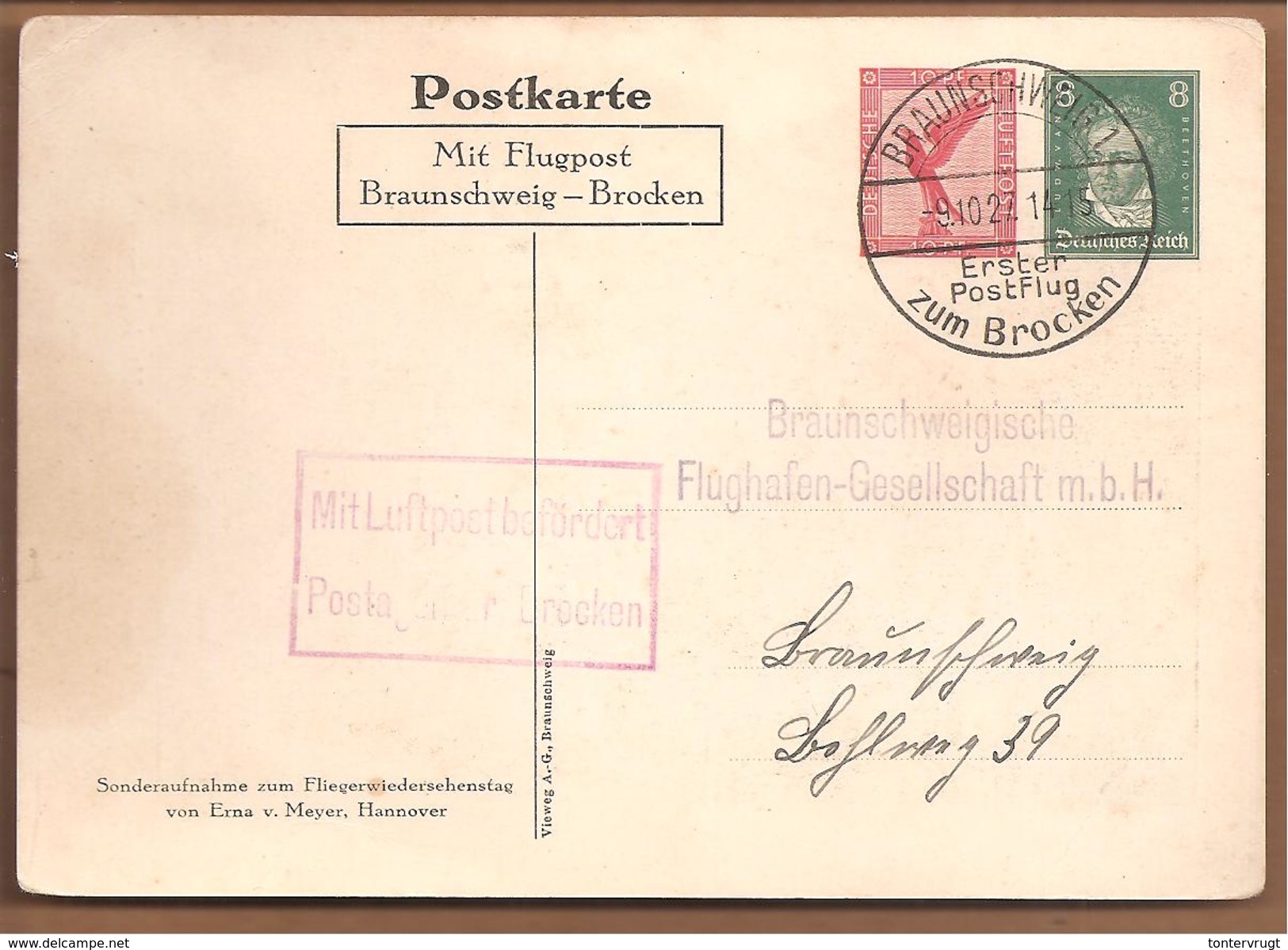 Privat Postkarte. PP92 C1/01 Flugpost Braunschweig-Brocken. Bild Von Hindenburg. 1927 - Sonstige & Ohne Zuordnung