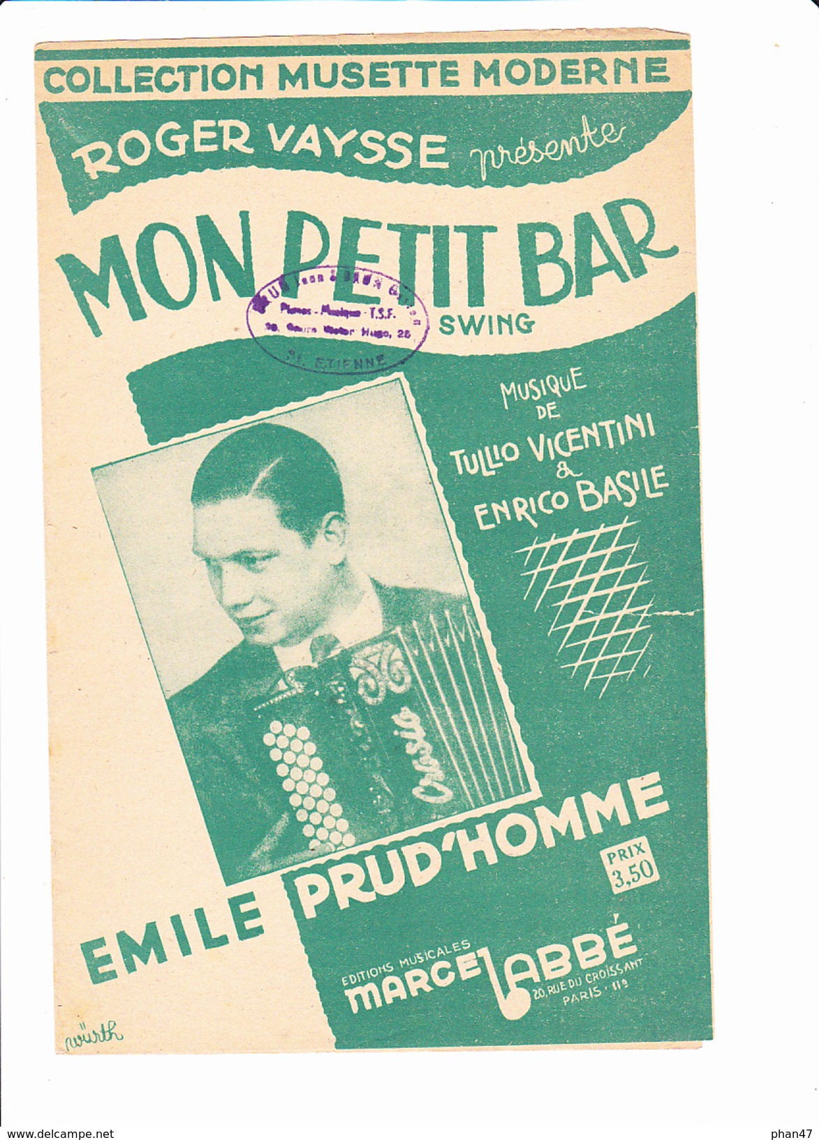 Partition Accordéon: "Mon Petit Bar"  Swing De Roger VAYSSE, Tullio VICENTINI, Enrico BASILE, Emile PRUD'HOMME - Autres & Non Classés