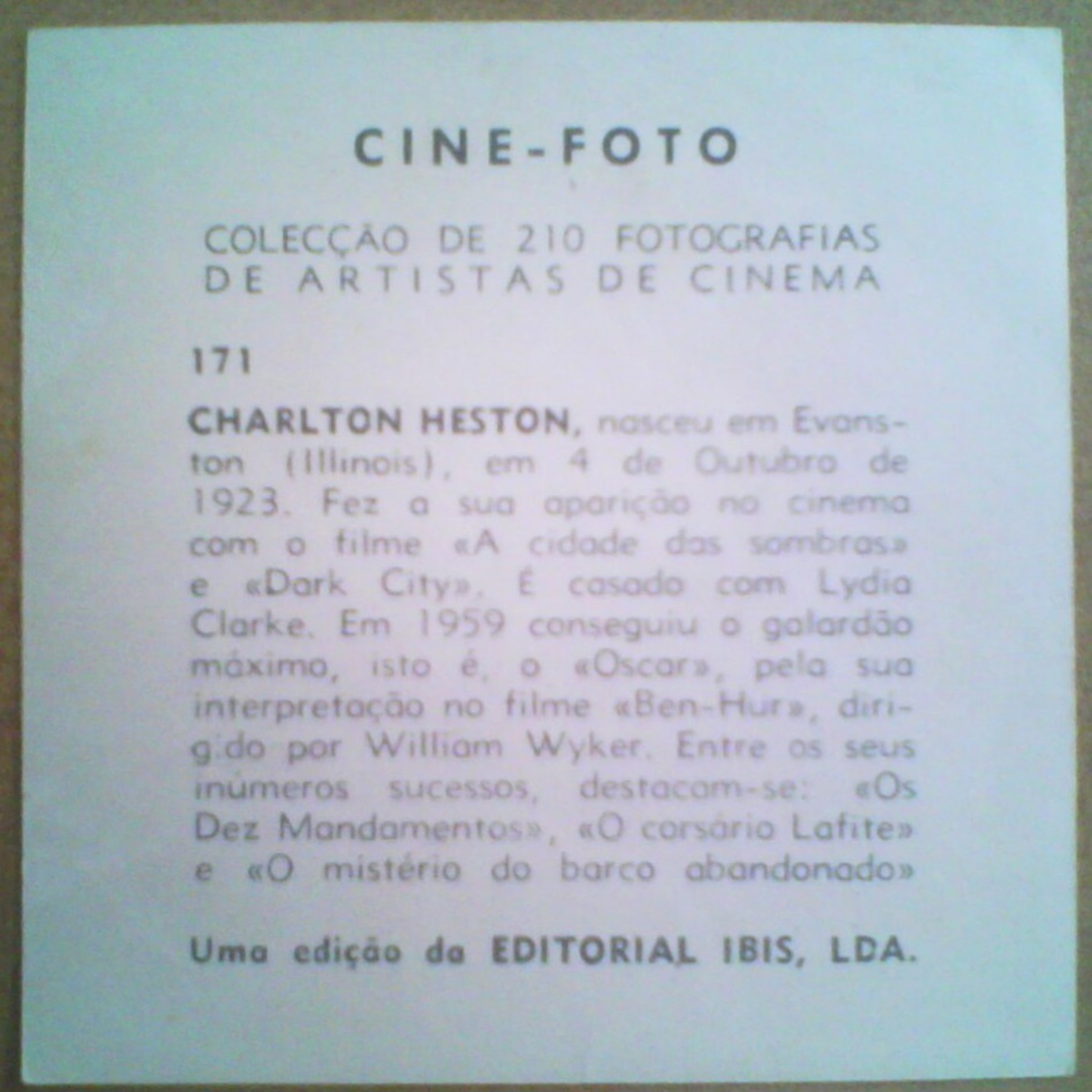CINE-FOTO - MOVIE ARTISTS - CHARLTON HESTON - OLD PRINT PHOTO PICTURE CARD / CHROMO PORTUGAL 1960 CINEMA FILM STARS - Collections