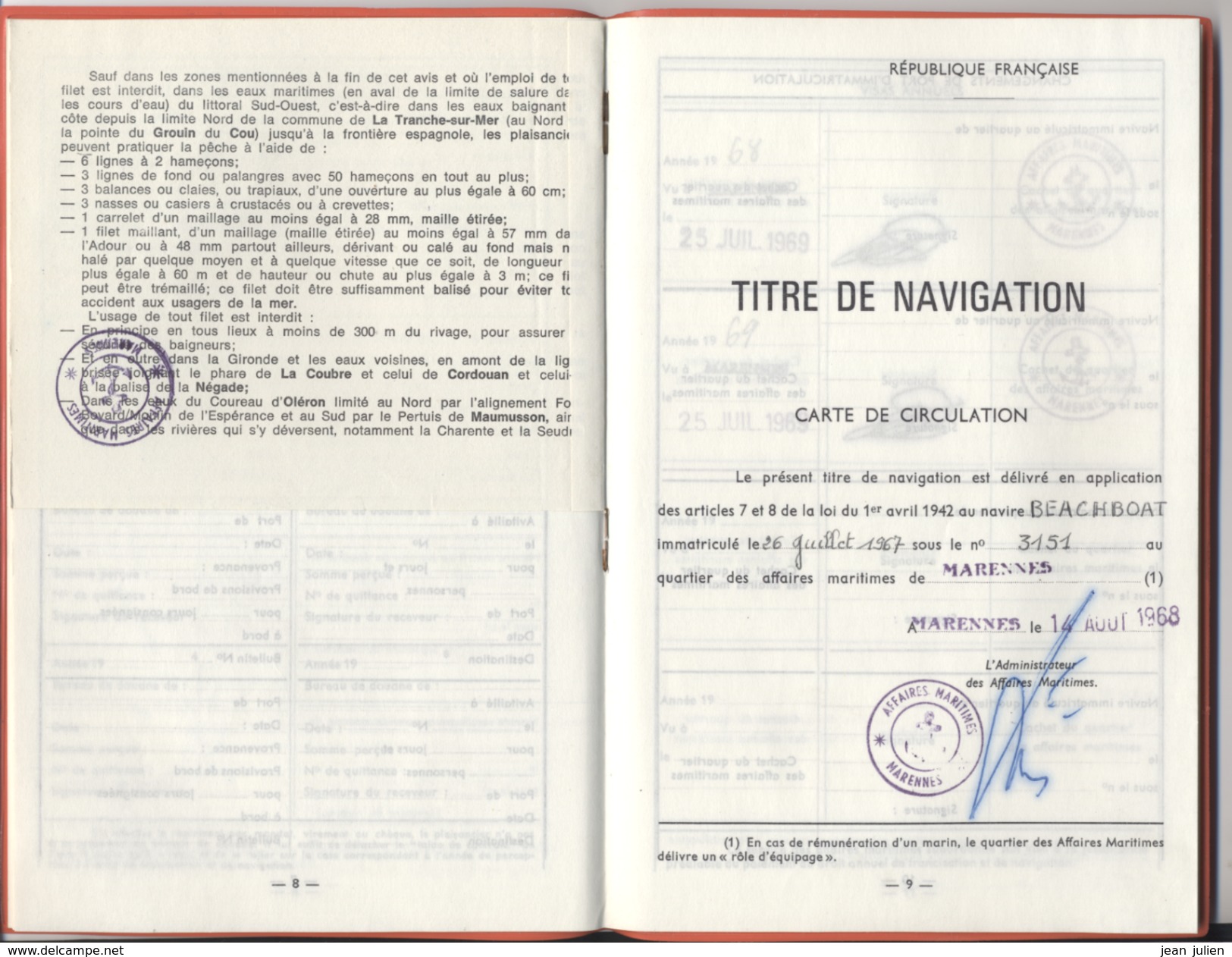 LA TREMBLADE - ROYAN - ACTE DE FRANCISATION ET TITRE DE NAVIGATION  - Navire De Plaisance - Titre De Navigation - 1968 - Bateaux