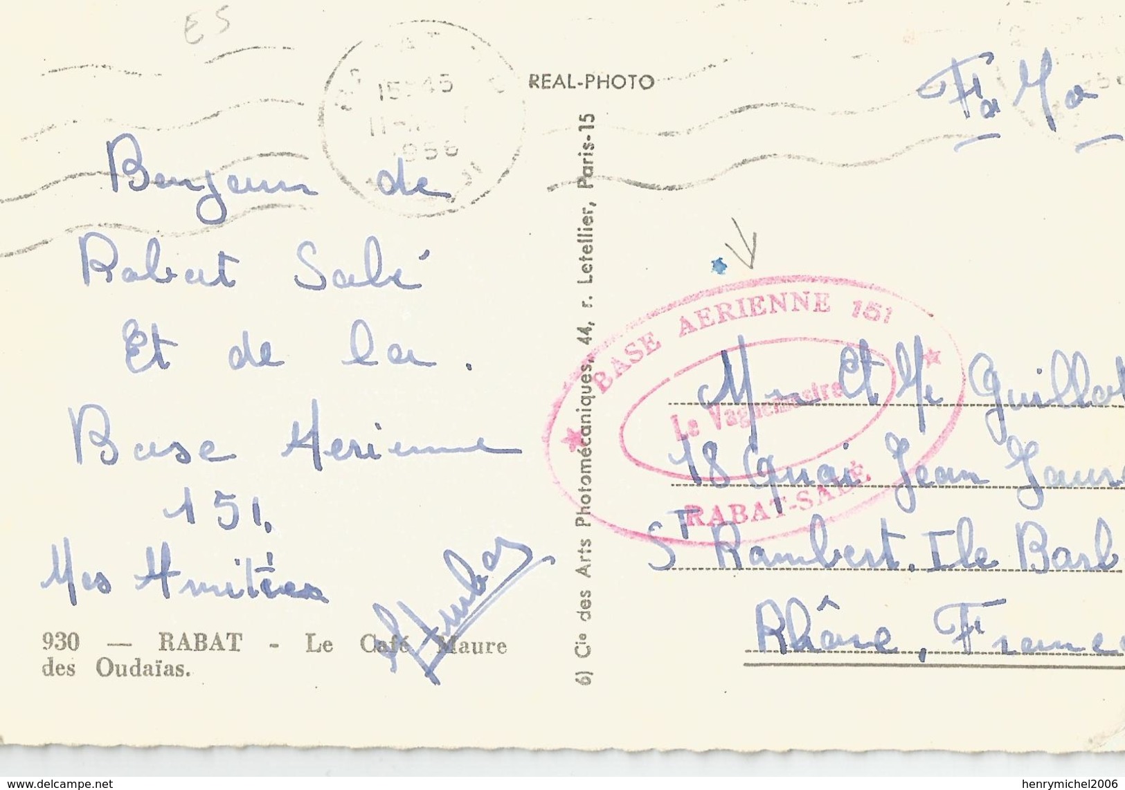 Marcophilie - Maroc Rabat Salé Cachet Base Aérienne 151 , 1956 En Fm - Militärstempel Ab 1900 (ausser Kriegszeiten)