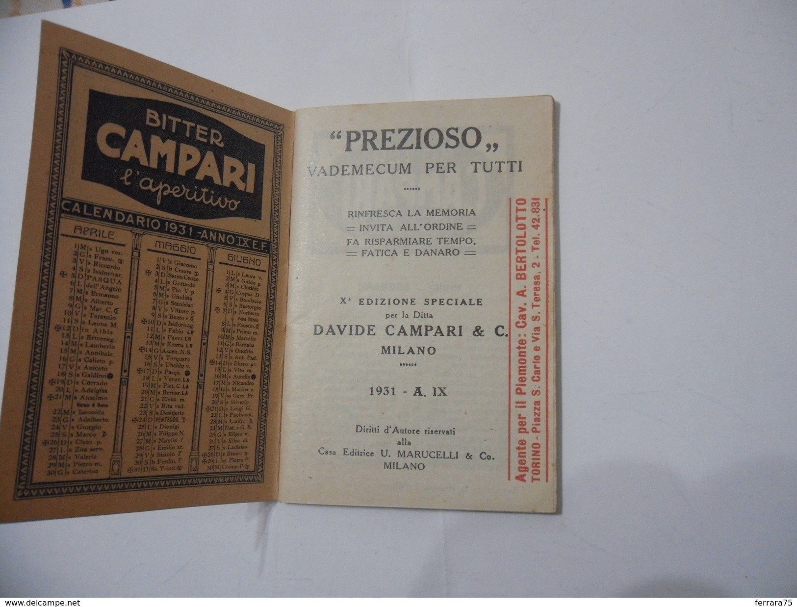 CALENDARIO PREZIOSO CAMPARI VADEMECUM PER TUTTI 1931. - Formato Piccolo : 1921-40