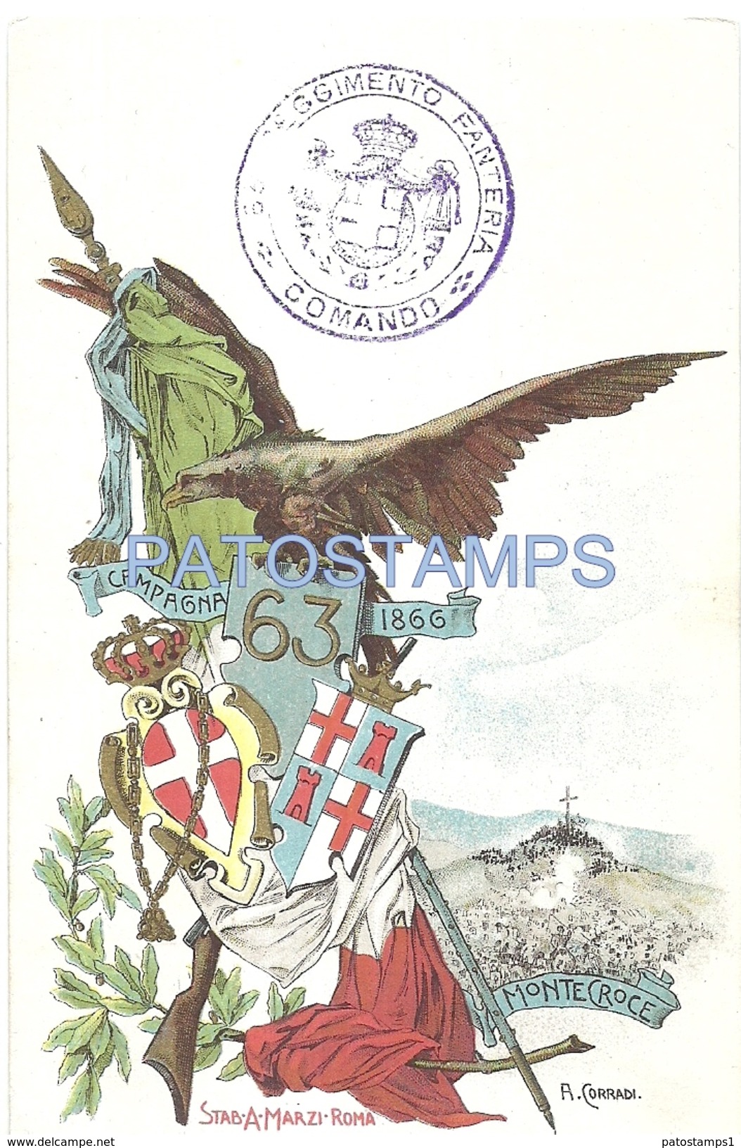 65638 ITALY ART ARTE PATRIOTIC HERALDRY & FLAG MILITARY 63º REGIMENT INFANTRY CAMPAIGN 1866 POSTAL POSTCARD - Autres & Non Classés