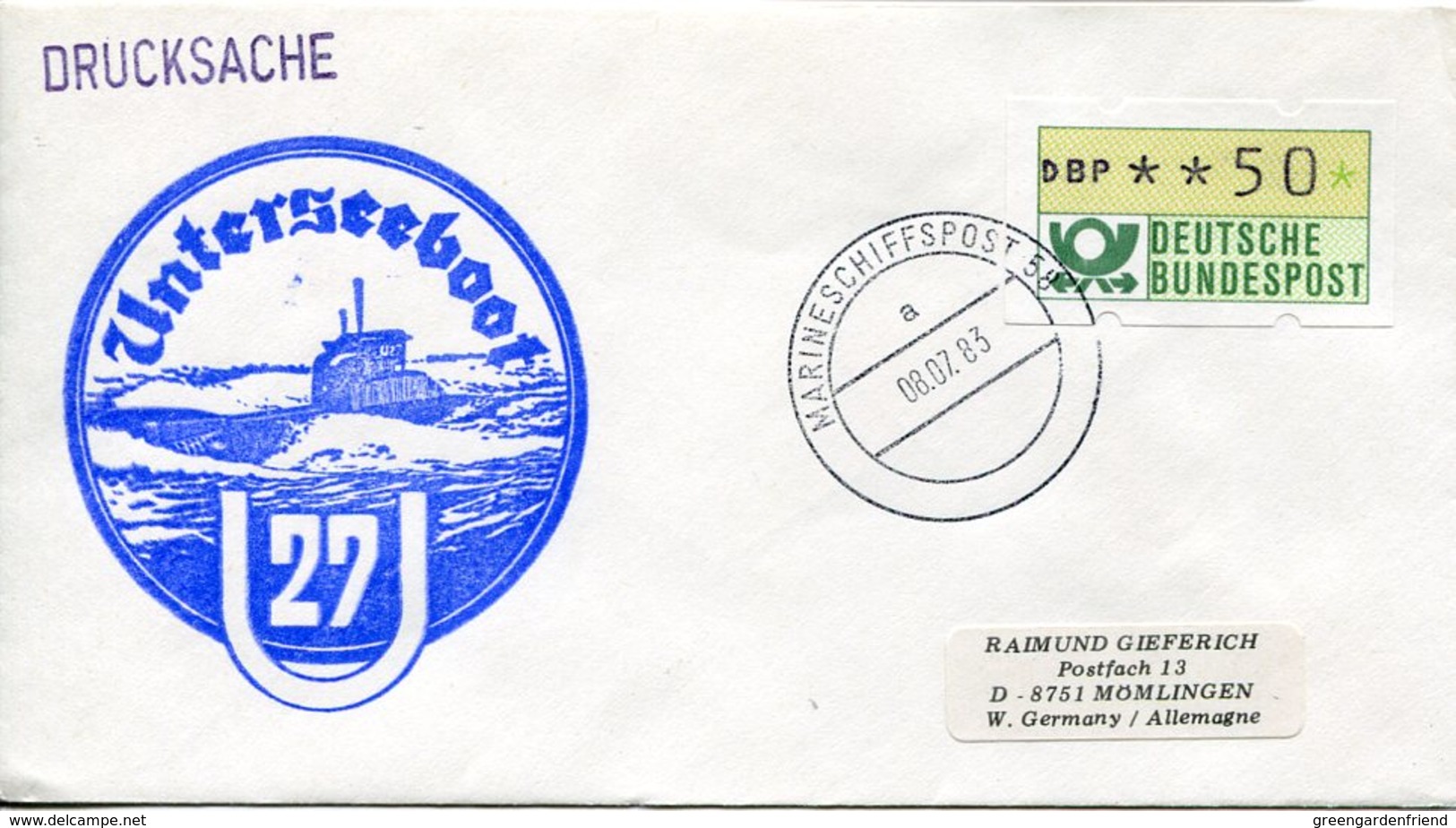 17998 Germany Special Cover And Postmark 1983  Submarine U-boot U27 - U-Boote