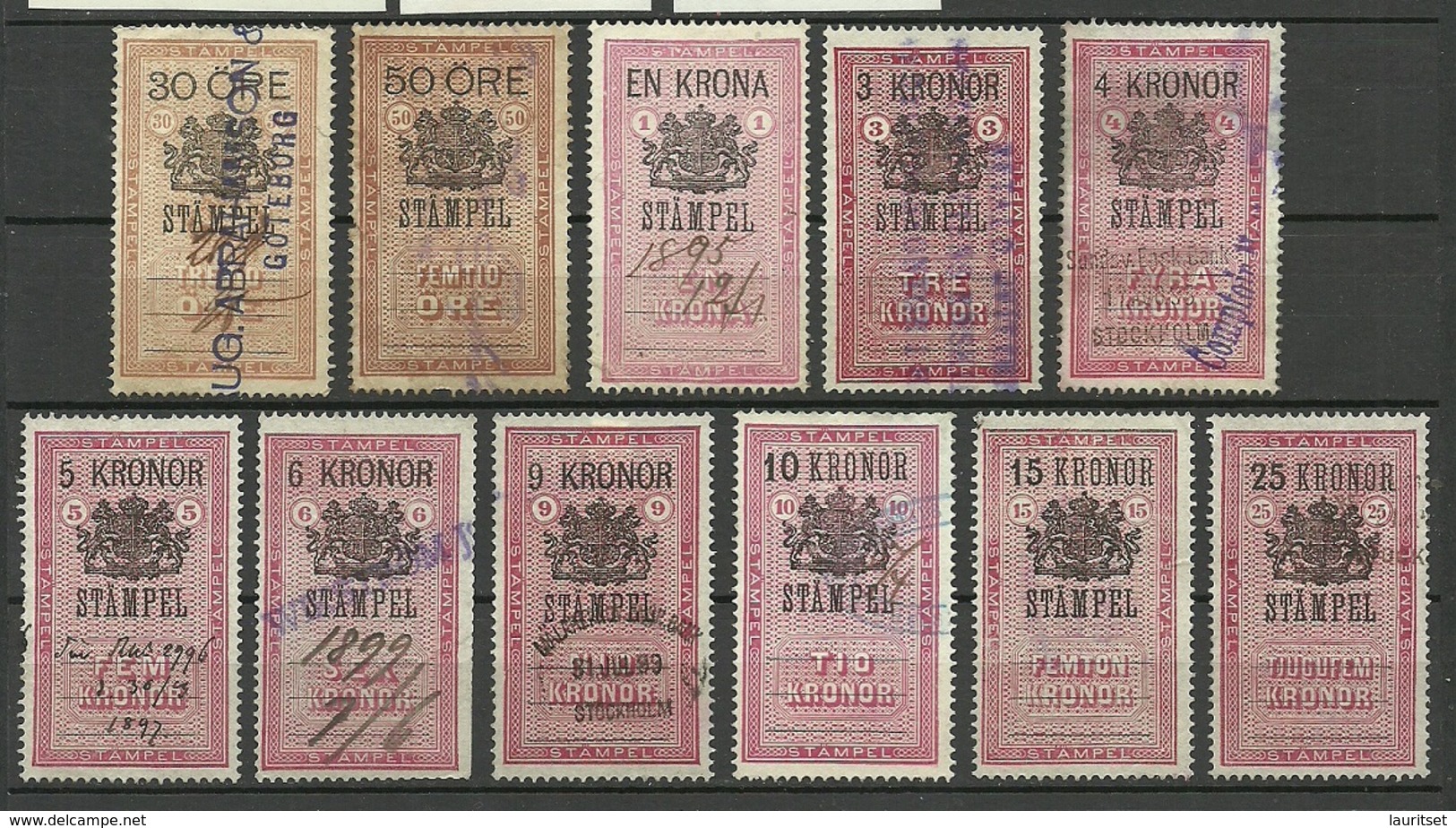SCHWEDEN Sweden Ca 1880-1895 Lot Stempelmarken Documentary Stamps O - Fiscale Zegels