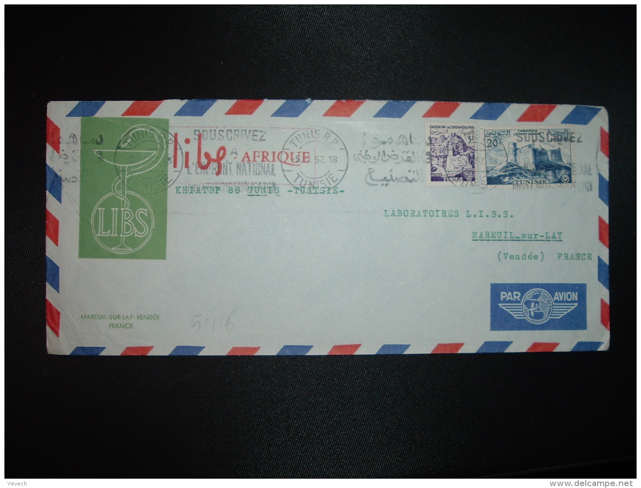 LETTRE PAR AVION Pour FRANCE TP TABARKA 20f +TP 5f OBL.MEC.5 IV 57 TUNIS RP + LIBS LABORATOIRE PHARMACIE - Tunisia (1956-...)