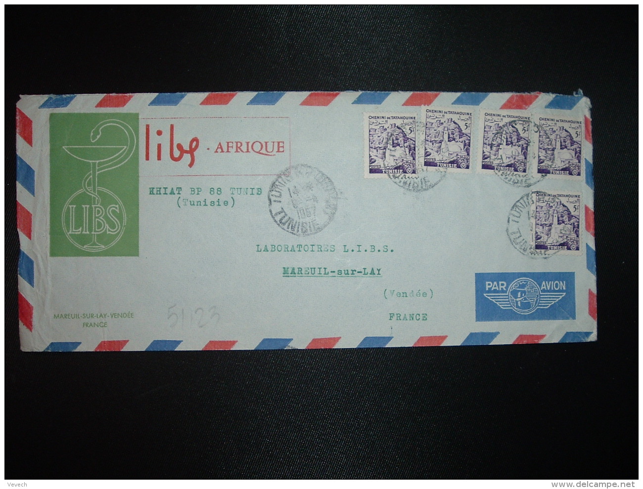 LETTRE TP 5f X5 OBL. 8? 4 1957 TUNIS RP DEPART + LIBS AFRIQUE PHARMACIE LABORATOIRE - Tunisie (1956-...)