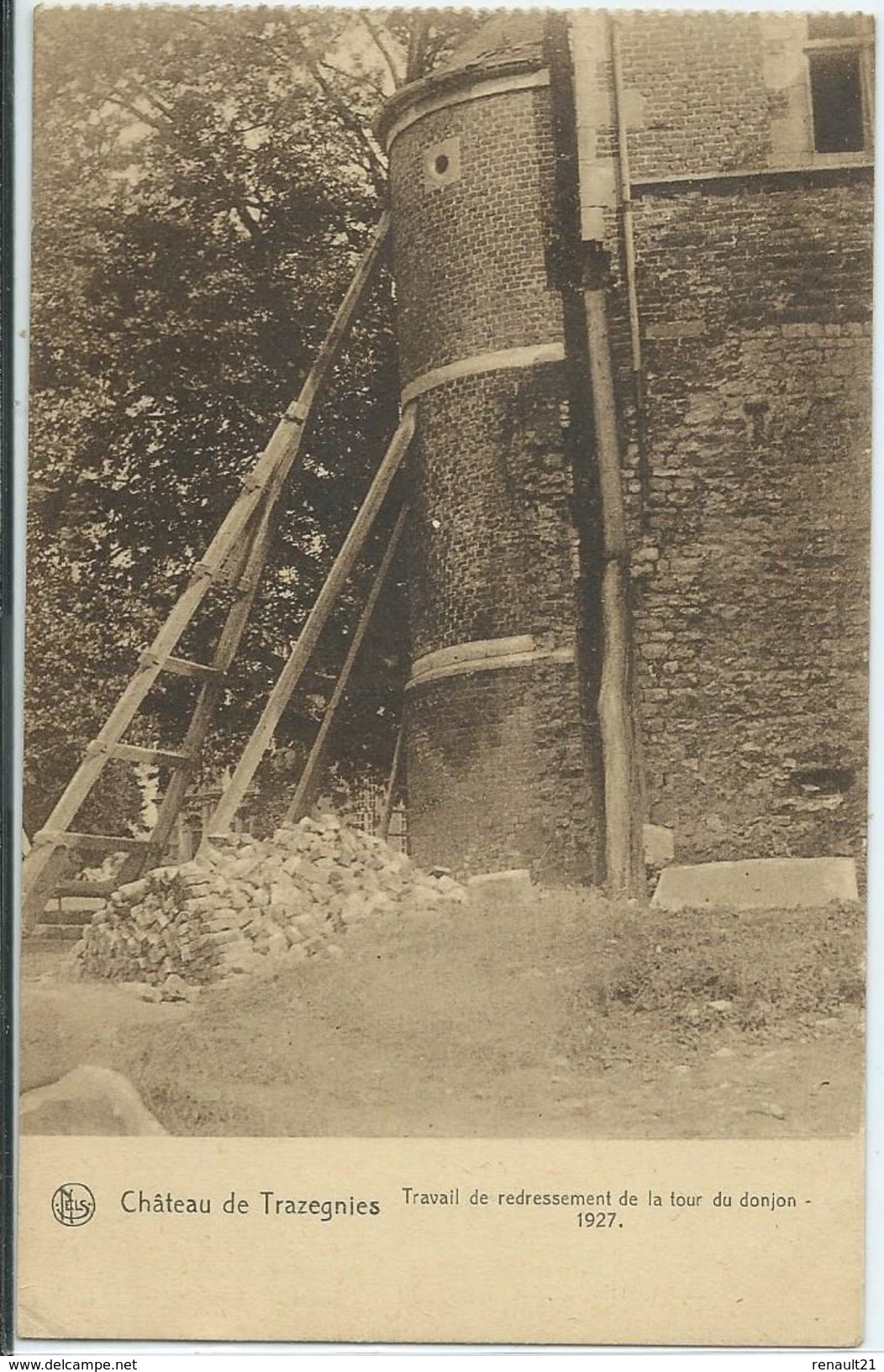 Courcelles-Château De Trazegnies-Travail De Redressement De La Tour Du Donjon-(SÉPIA) - Courcelles