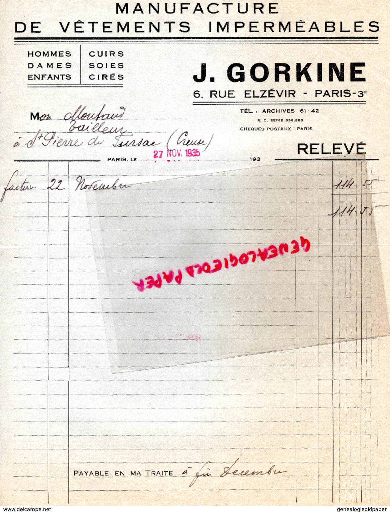 75 - PARIS - FACTURE MANUFACTURE VETEMENTS IMPERMEABLES - J. GORKINE- 6 RUE ELZEVIR- 1935 - 1900 – 1949