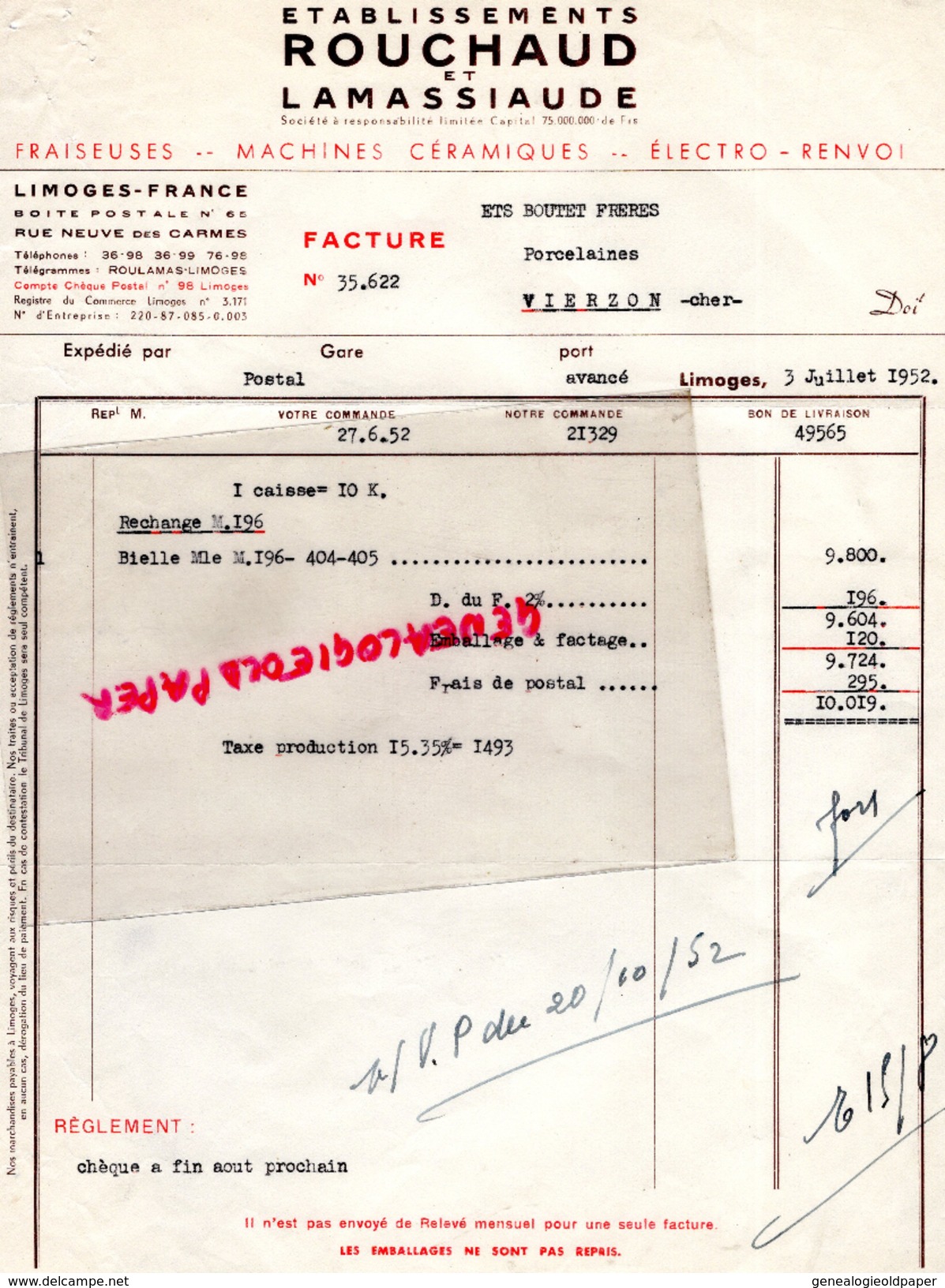 87 - LIMOGES - FACTURE ETS. ROUCHAUD ET LAMASSIAUDE- RUE NEUVE DES CARMES - FRAISEUSES MACHINES CERAMIQUES- 1952 - 1950 - ...