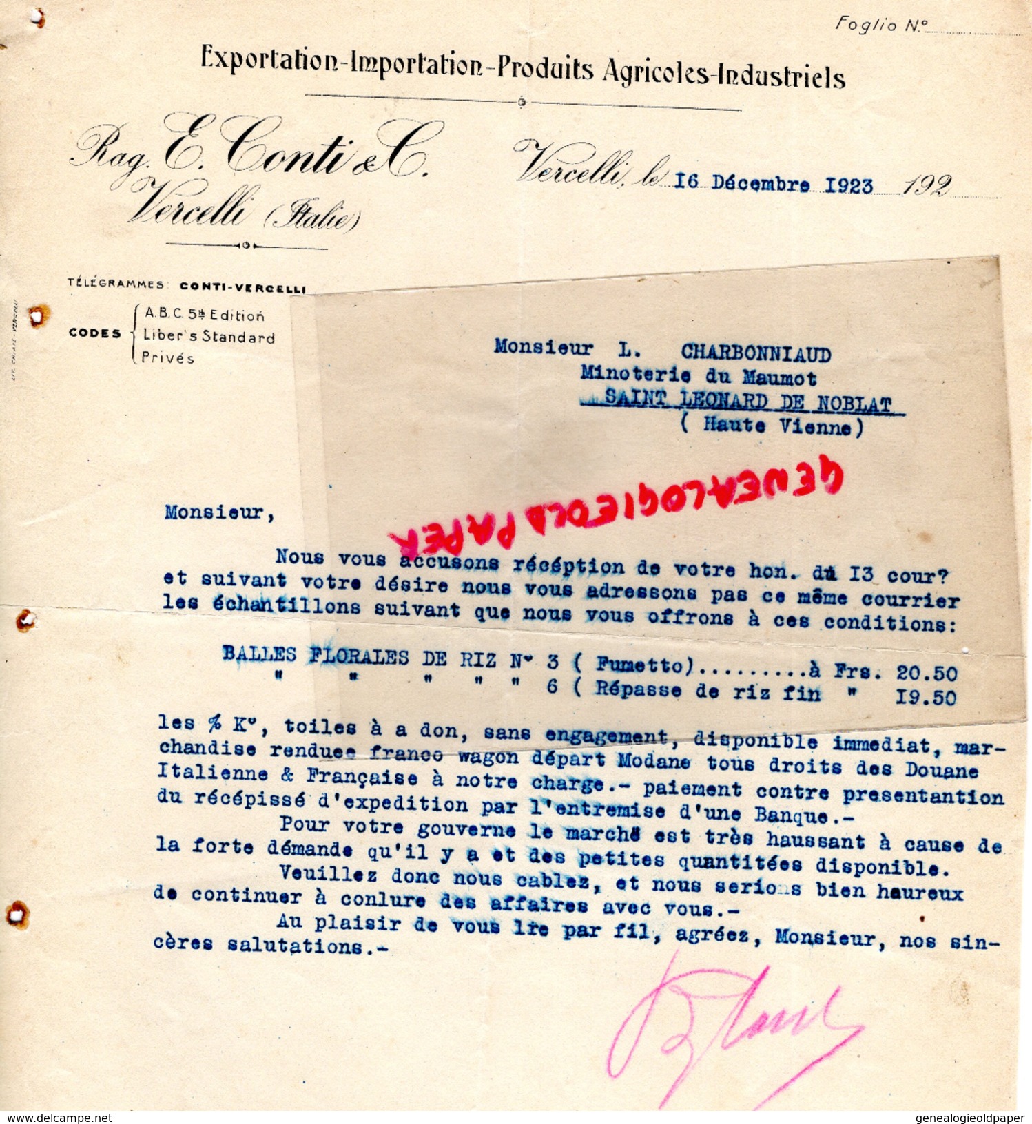 ITALIE - VERCELLI -  LETTRE RAG. E. CONTI & CIE- EXPORTATION IMPORTATION ¨PRODUITS AGRICOLES INDUSTRIELS- 1923 - Italy