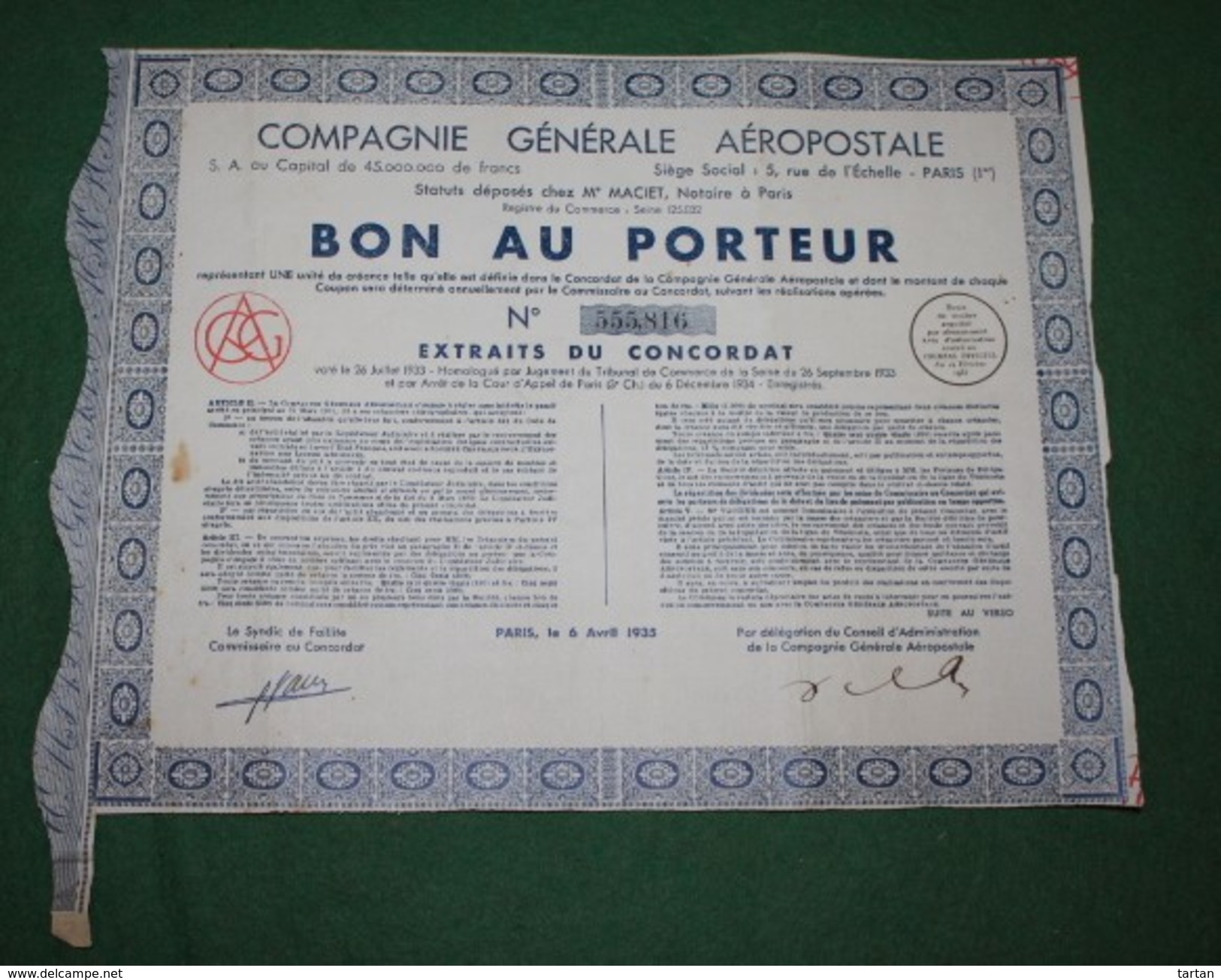 Cie GÉNÉRALE AÉROPOSTALE BON AU PORTEUR 1935 - Luchtvaart