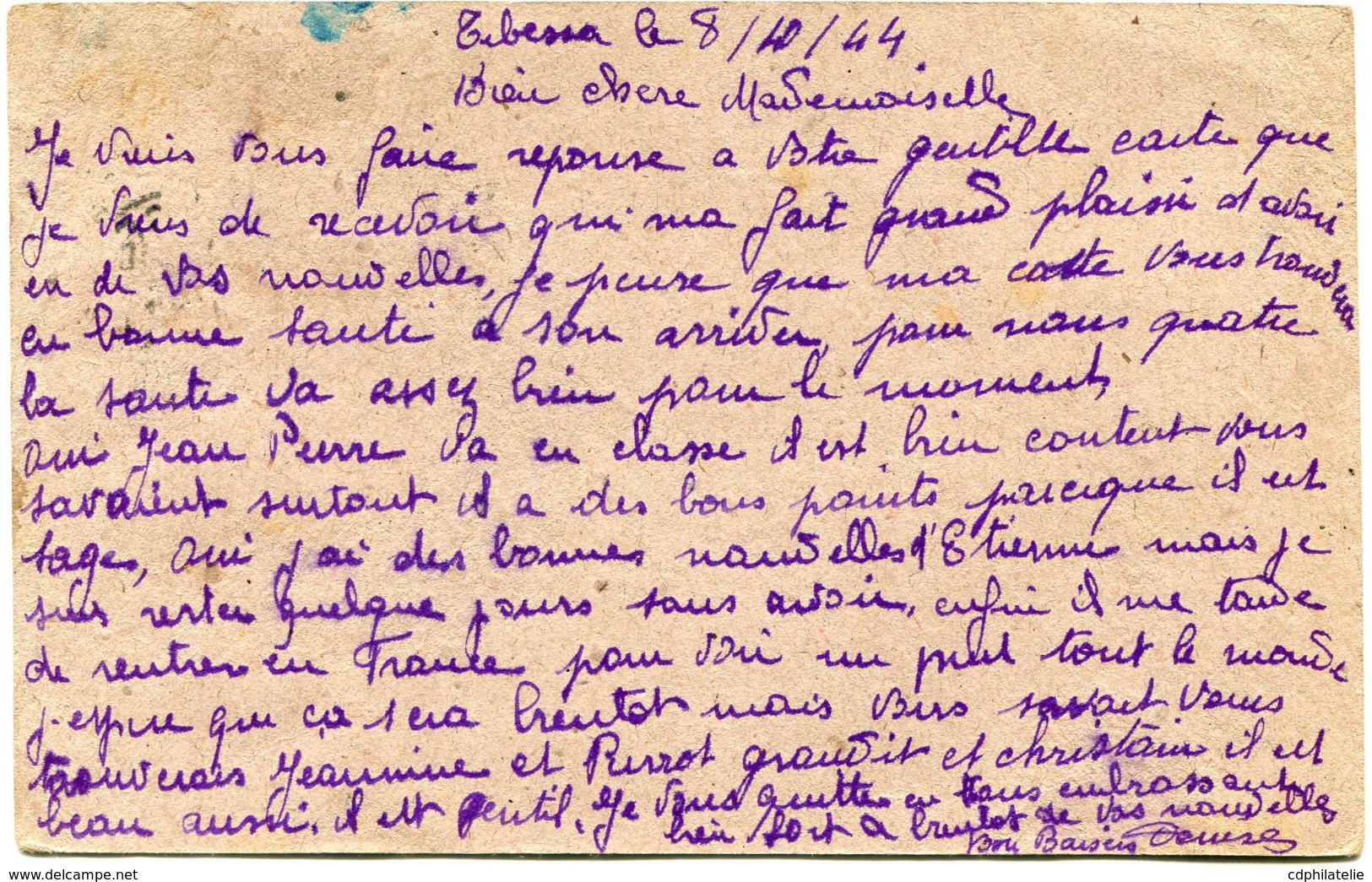 ALGERIE CARTE POSTALE DEPART TEBESSA 8-10-44 CONSTANTINE POUR LA FRANCE - Lettres & Documents