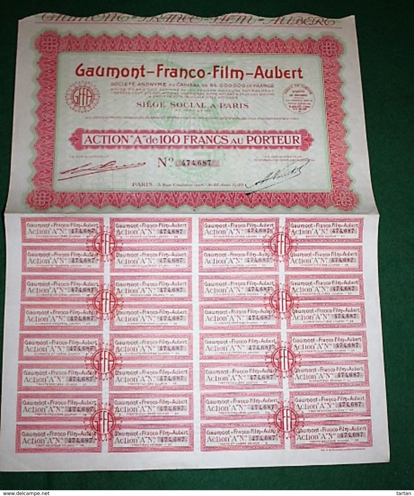 GAUMONT-FRANCE FILM-AUBERT ACTION A DE 100 FRANCS 1930 - Cinéma & Theatre