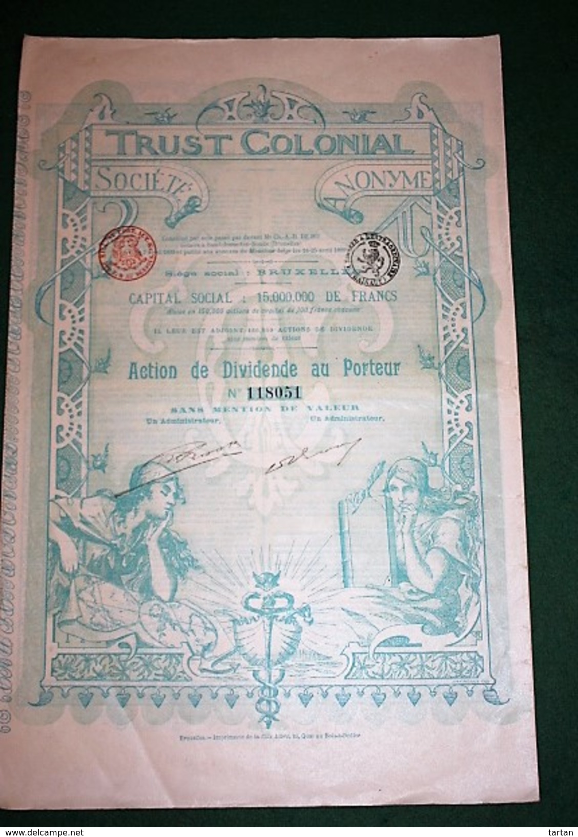 TRUST COLONIAL ACTION DE DIVIDENDE BRUXELLES 1899 - Banque & Assurance