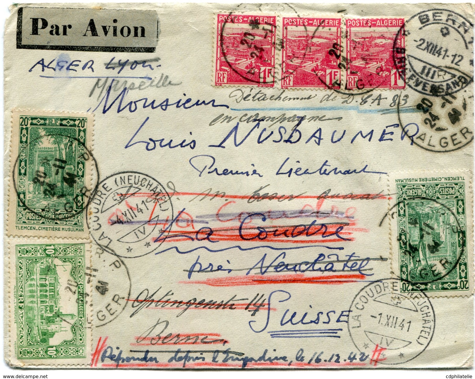 ALGERIE LETTRE PAR AVION DEPART ALGER 24-11-41 ALGER POUR LA SUISSE - Lettres & Documents