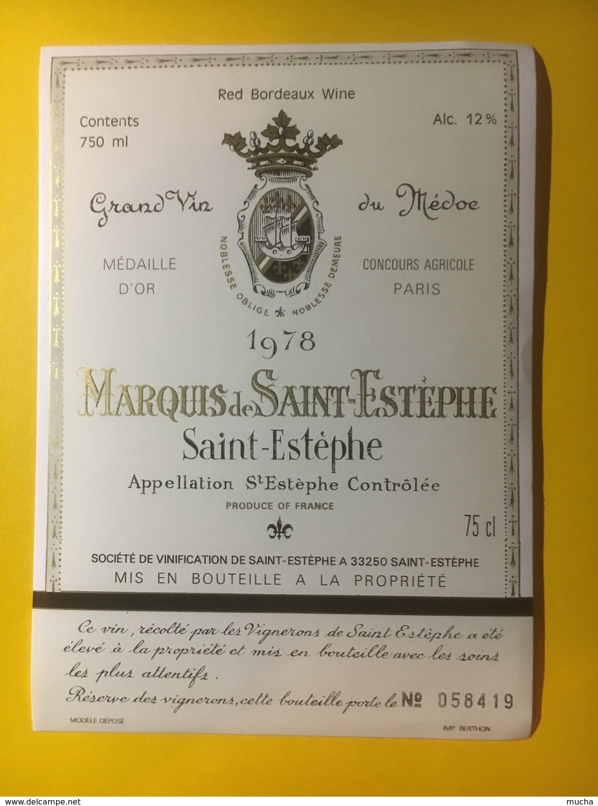 3413 - Marquis De Saint- Estèphe 1978 Saint Estèphe - Bordeaux
