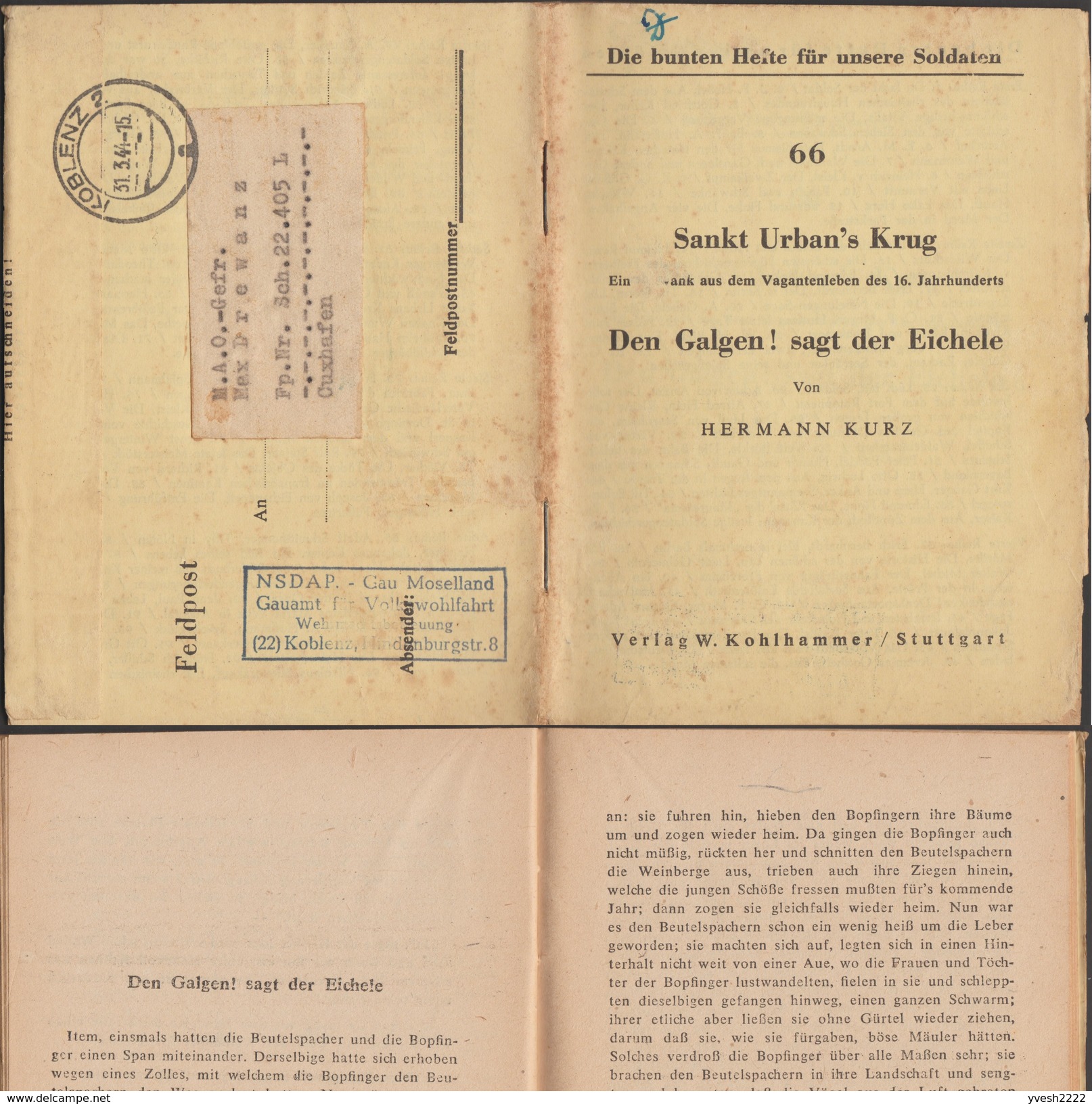 Allemagne 1944. Livret En Franchise Militaire. Hermann Kurz, Mort D'insolation. Cornemuse, Pain, Potence, Pèlerinage - Musique