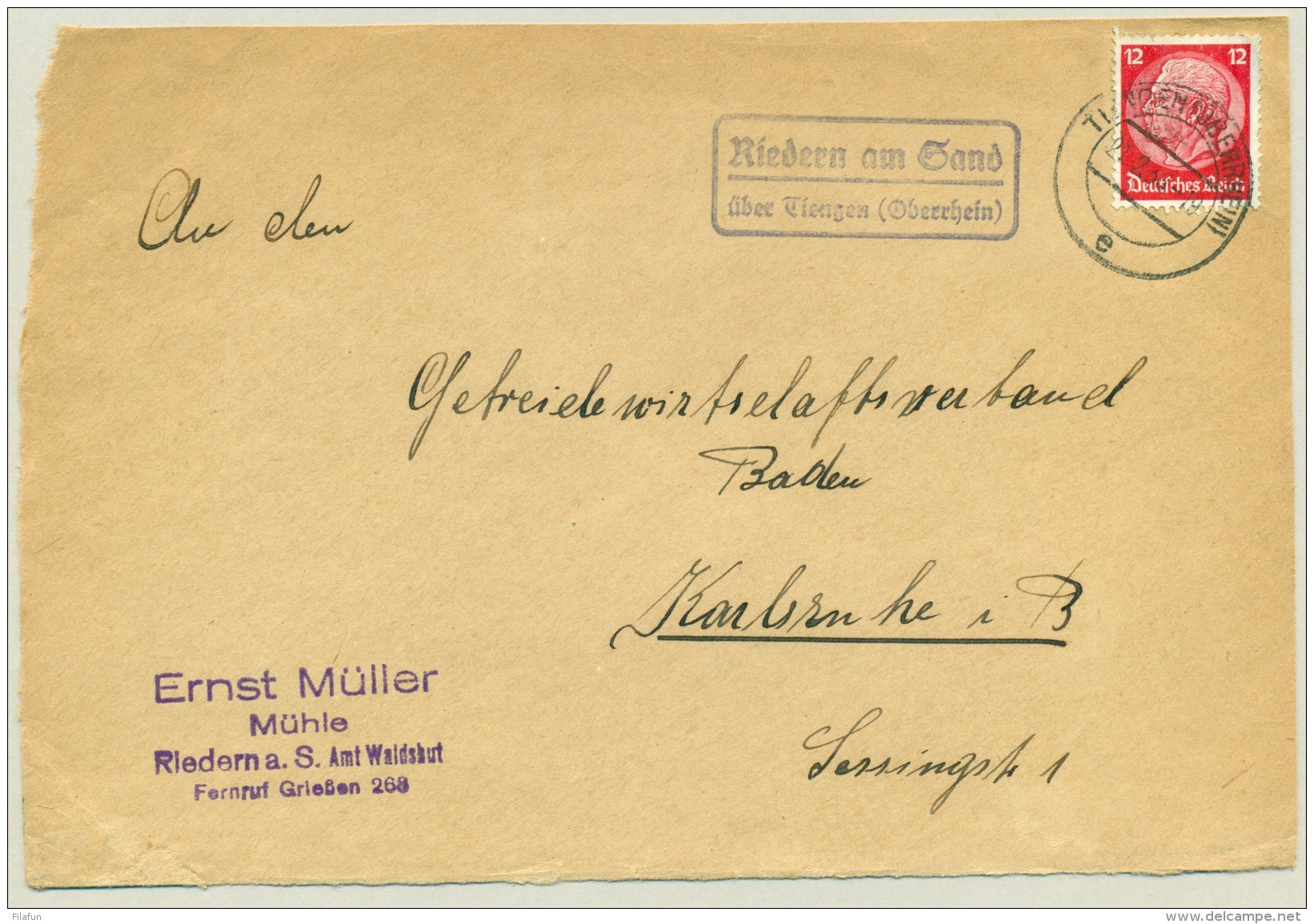 Deutsches Reich - 1938 - Landpost Stempel Riedern Am Sand über Tiengen (Oberrhein) - Front Only - Altri & Non Classificati