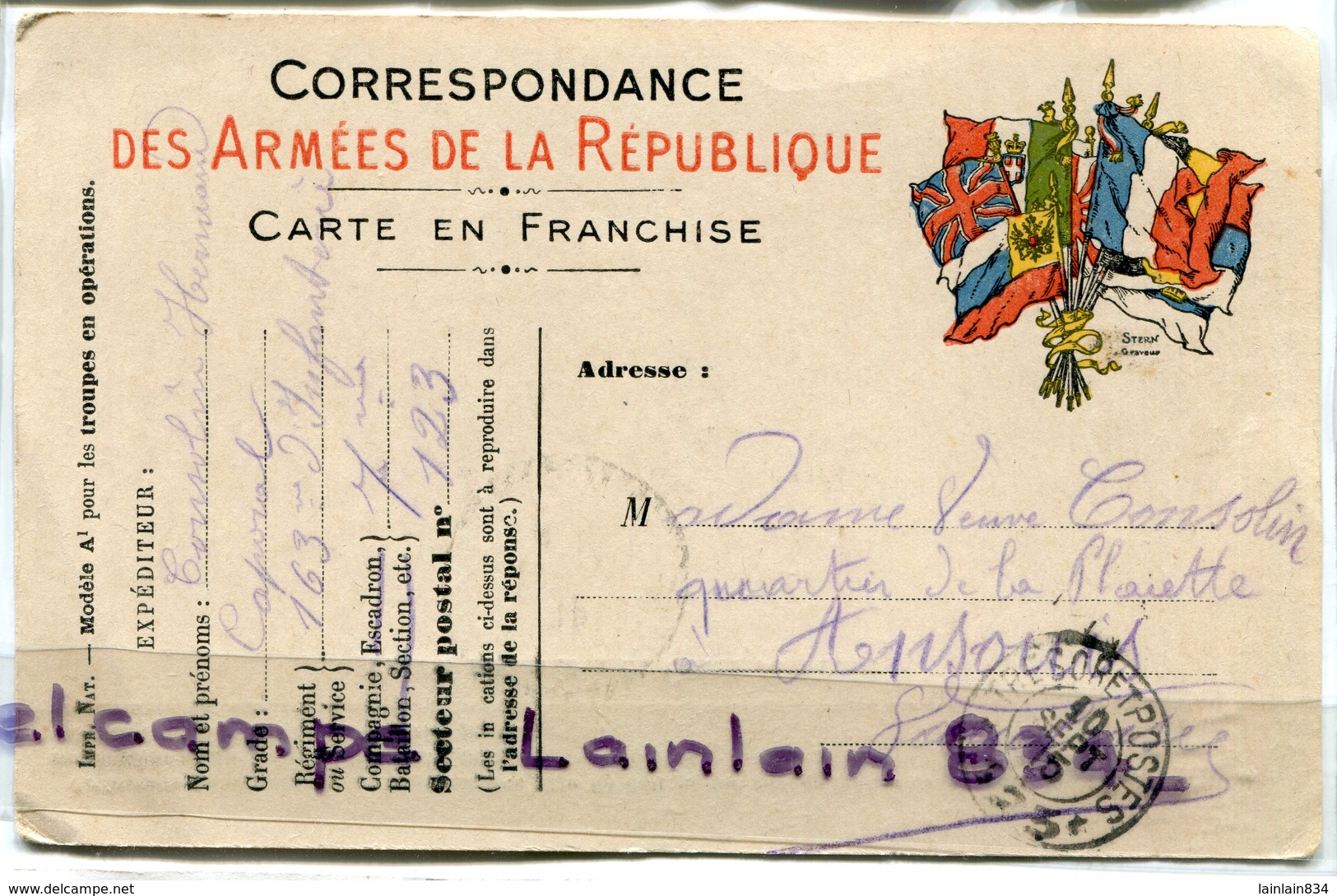 - CARTE En FRANCHISE - Correspondance Des Armées De La République, 6 Drapeaux De Couleurs, Secteur 123, 1916, BE, Scans. - Lettres & Documents