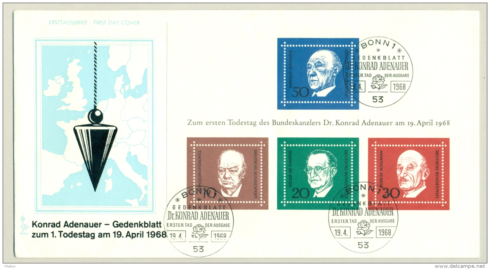 Deutschland - 1968 - Adenauer, Churchill, De Casperi And Schuman In Block On FDC - Andere & Zonder Classificatie