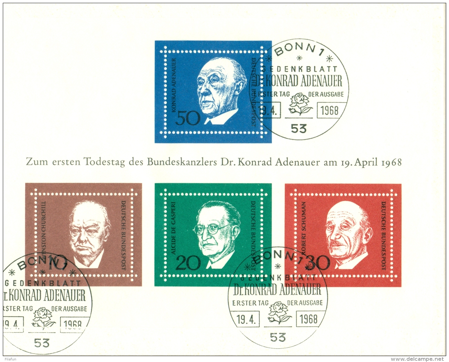 Deutschland - 1968 - Adenauer, Churchill, De Casperi And Schuman In Block On FDC - Andere & Zonder Classificatie