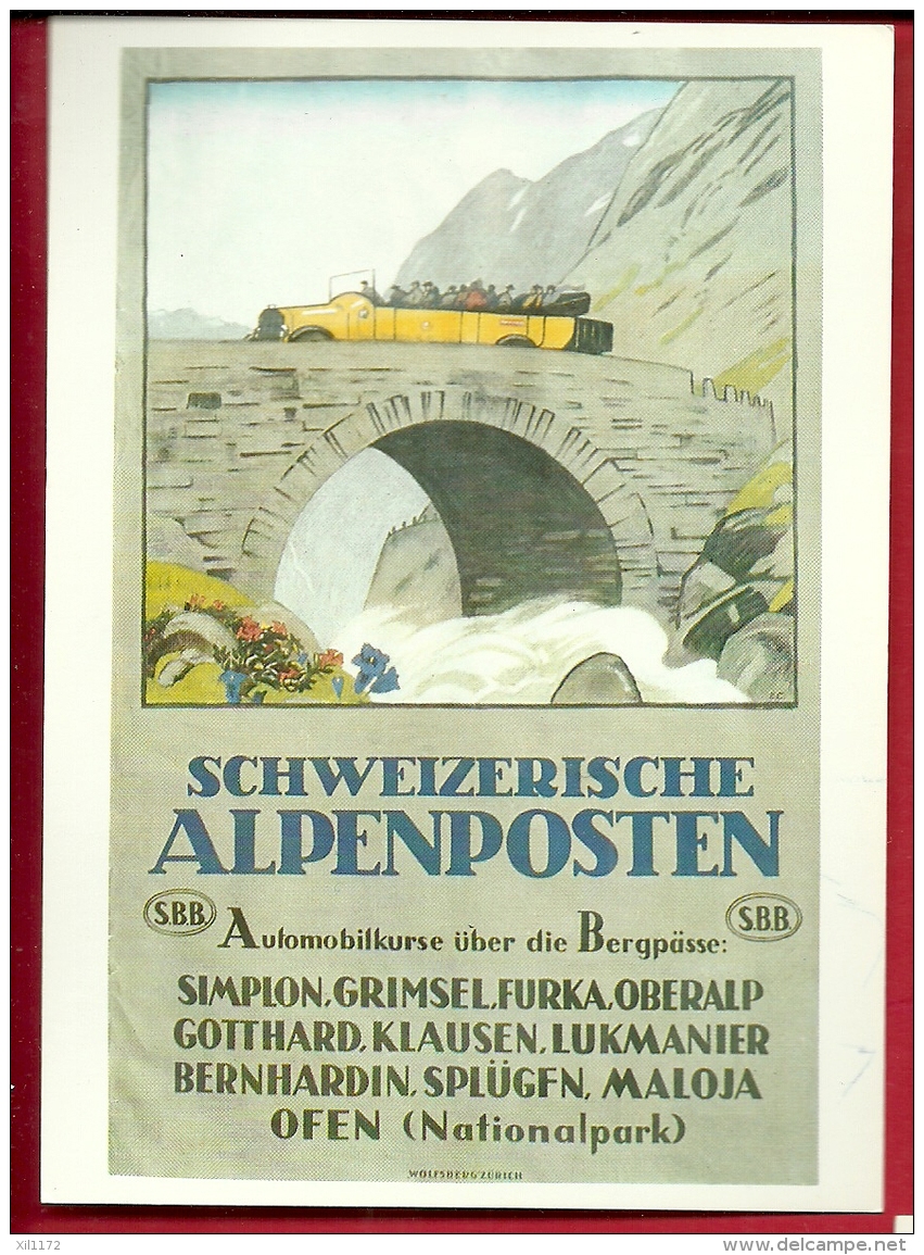 PRt-05 Reproduction Affiche De Emile Cardinaux 1923, Bus Postal Suisse. Alpenpost. Non Circulé, Grand Format, Papier Fin - Bus & Autocars