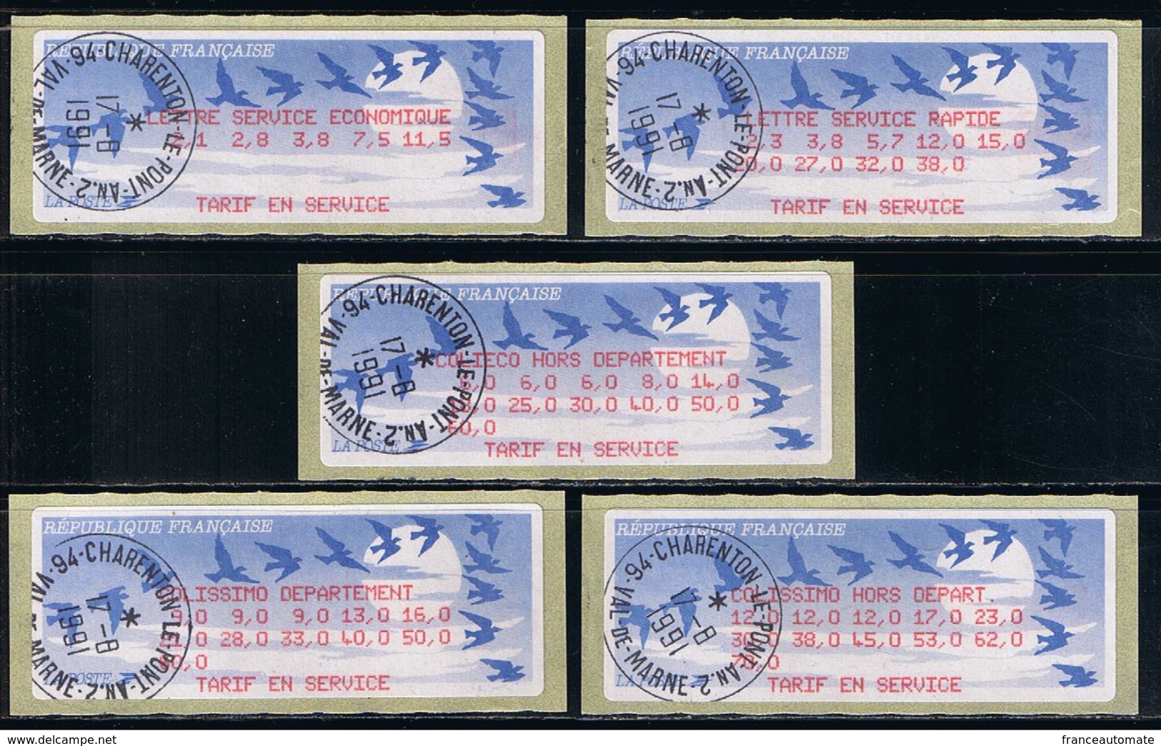 5 ATMs, LISA 1, TABLE DE TARIF EN SERVICE, OISEAUX DE JUBERT, ENCRE ROUGE, OBLITERE, 17/08/91. - 1990 Type « Oiseaux De Jubert »