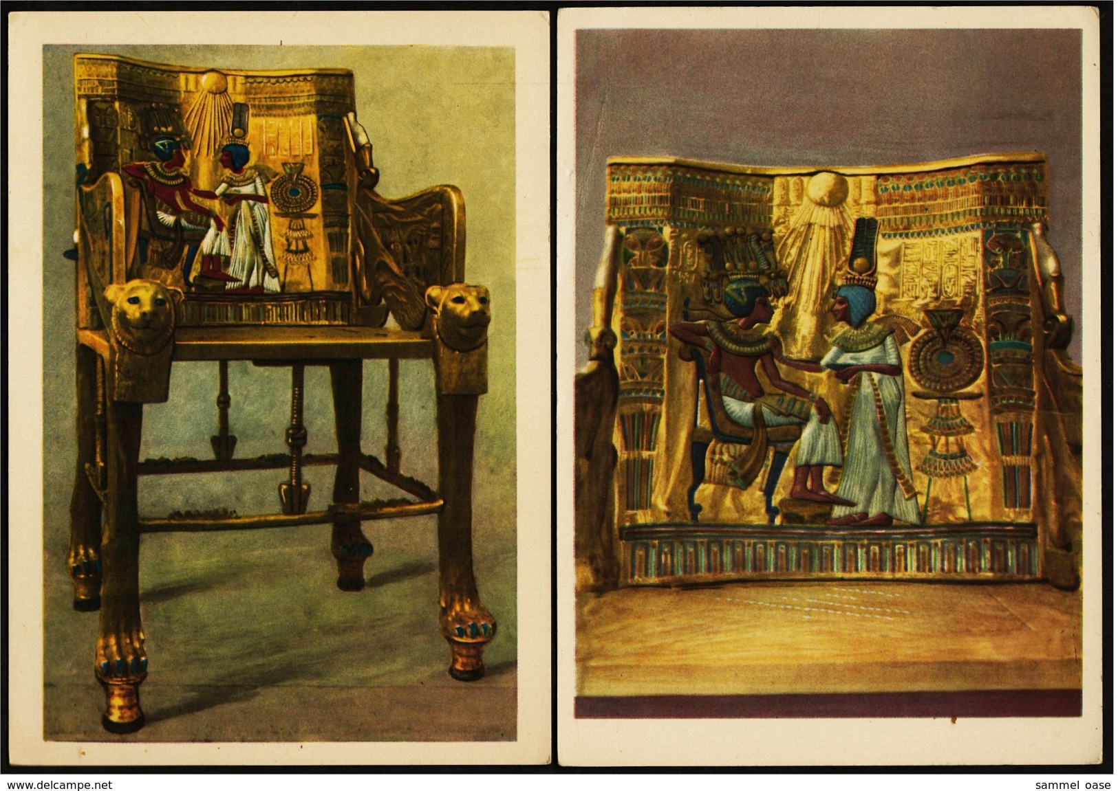 2 X Ägypten  -  Tut Ank Amen`s Treasures - The King`s Throne  -  Königs-Trhon + Detail -  Ansichtskarten Ca.1965  (6544) - Museums