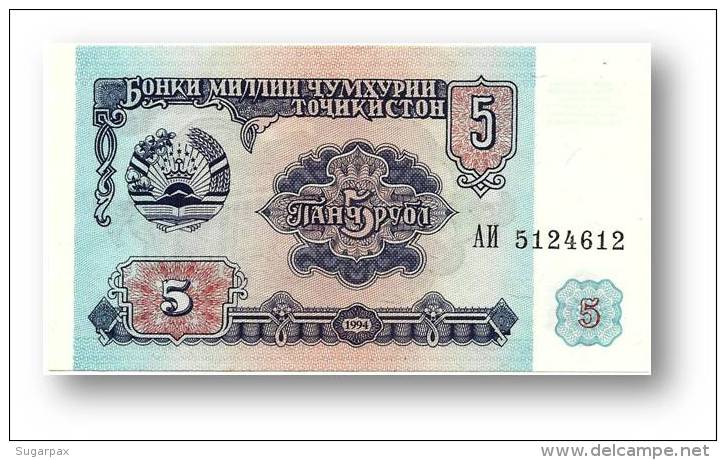 TAJIKISTAN - 5 Rubles - 1994 - Pick 2 - UNC - Serie  AI ( ÐÐ˜ ) - The National Bank Of The Republic - Tajikistan