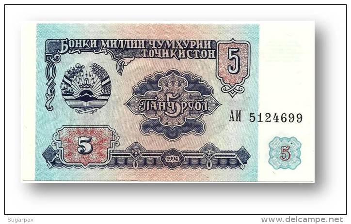 TAJIKISTAN - 5 Rubles - 1994 - Pick 2 - UNC - Serie  AI ( ÐÐ˜ ) - The National Bank Of The Republic - Tadjikistan