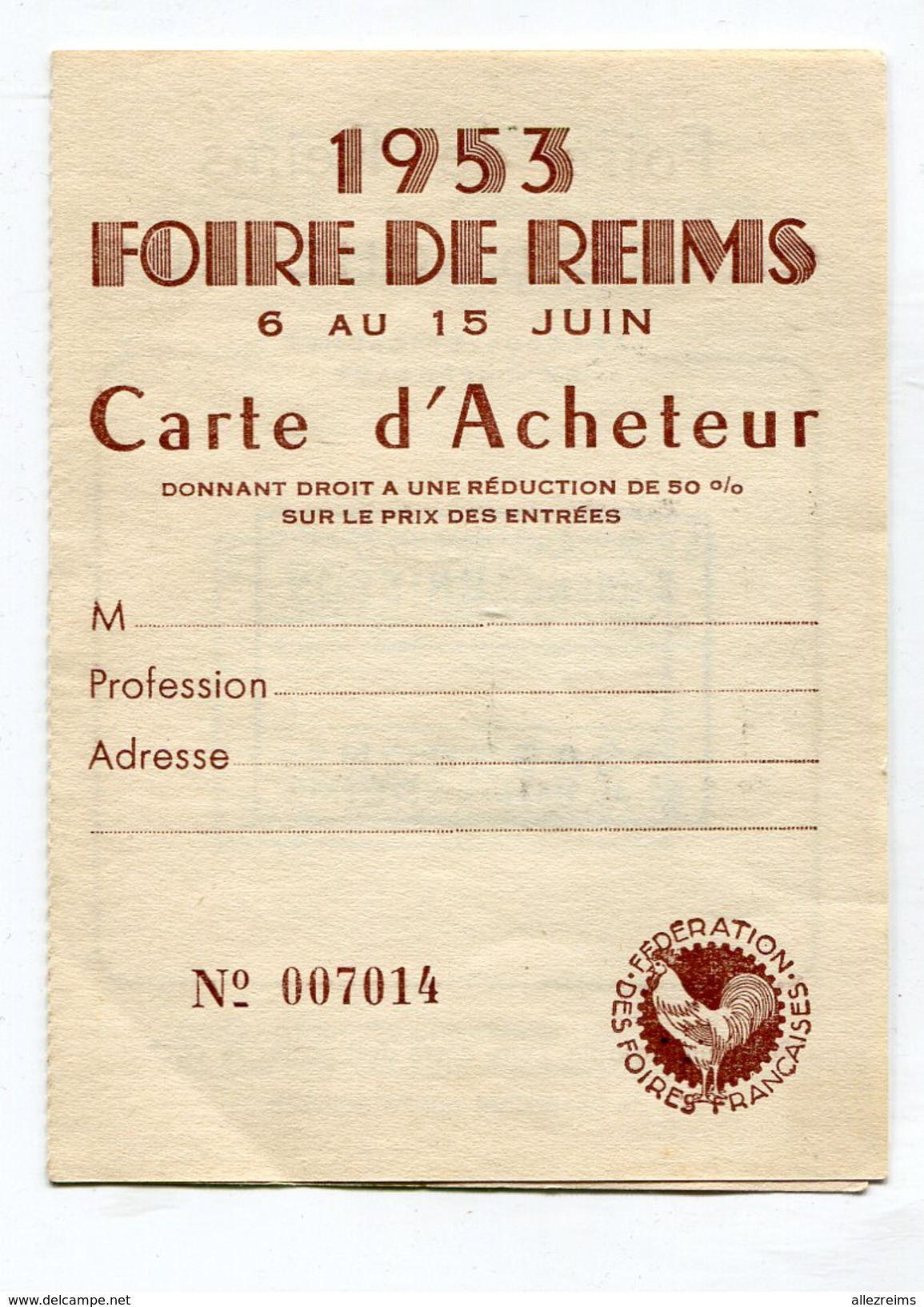 Carte D'acheteur : Foire De Reims 1953    A  VOIR !!! - Tickets - Entradas