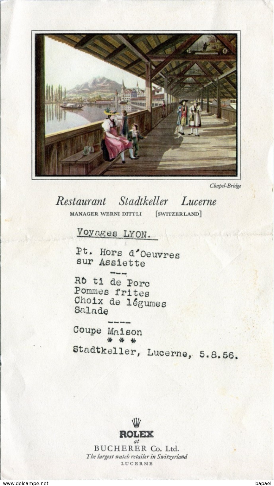 Menu Du Restaurant Stadtkeller Lucerne (Suisse) - Image De Chapel Bridge (Daté Du 5-8 56) - Menus