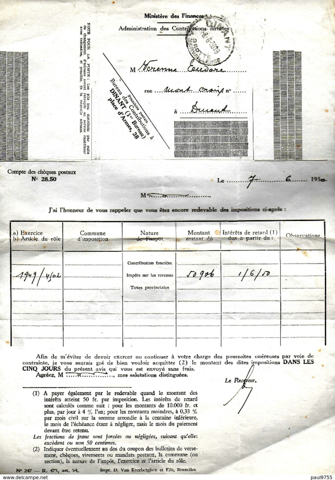 BELGIQUE 1950 RAPPEL DE PAIEMENT  MINISTERE DES FINANCES DINANT - Non Classés