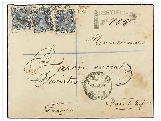 ESPA&Ntilde;A. Ed.221 (3). 1896. FIGUERAS A FRANCIA. 25 Cts. Azul (3). Carta Certificada. Al Dorso Llegada. - Altri & Non Classificati