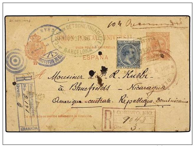 ESPA&Ntilde;A. Ed.221. 1896. BARCELONA A BLUEFIELDS (Nicaragua). Entero Postal De 10 Cts. Rojo Con Franqueo... - Otros & Sin Clasificación