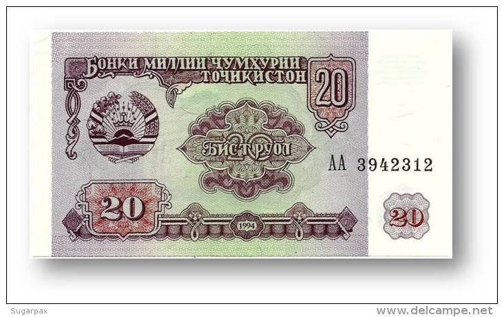 TAJIKISTAN - 20 Rubles - 1994 - Pick 4 - UNC - Serie  AA ( AA ) - The National Bank Of The Republic - Tadjikistan