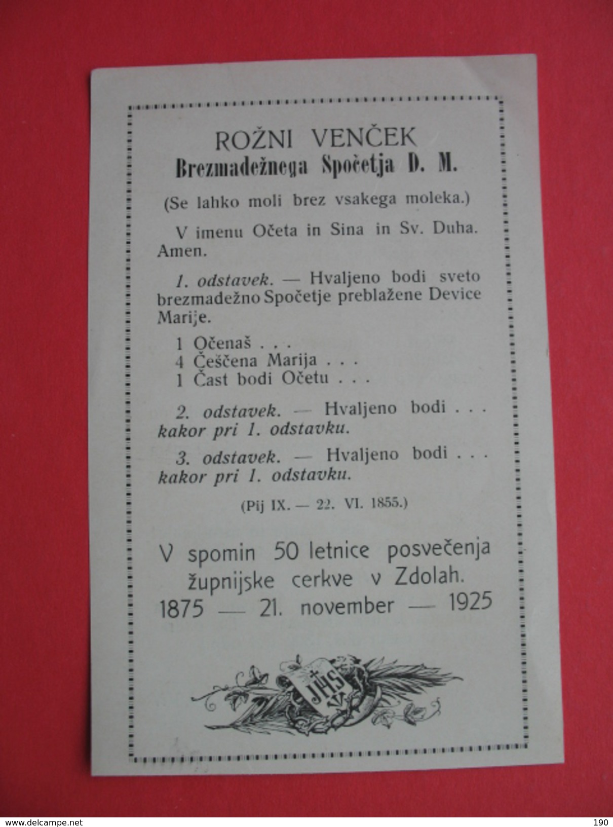 ROZNI VENCEK Brezmadeznega Spocetja D.M.V Spomin 50 Letnice Posvecenja Zupnijske Cerkve (Zdole) - Images Religieuses