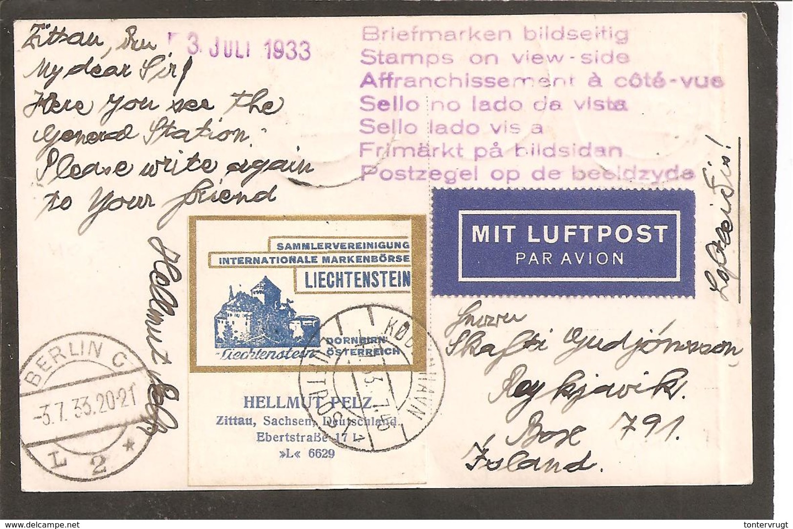 Flugpost Zittau 3.7.1933>Berlin>Kobenhavn>ISLAND !! - Briefe U. Dokumente