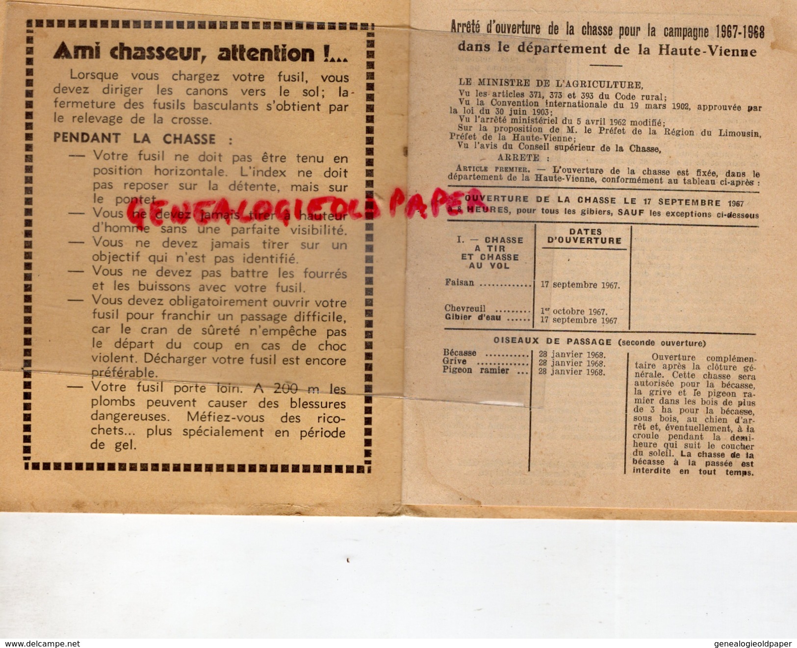 87 - CHATEAUNEUF LA FORET -STATUTS ET GUIDE DU CHASSEUR DE L A. P.S.C. CHASSE HAUTE VIENNE- 1967-68- RESERVES FEDERALES - Documents Historiques