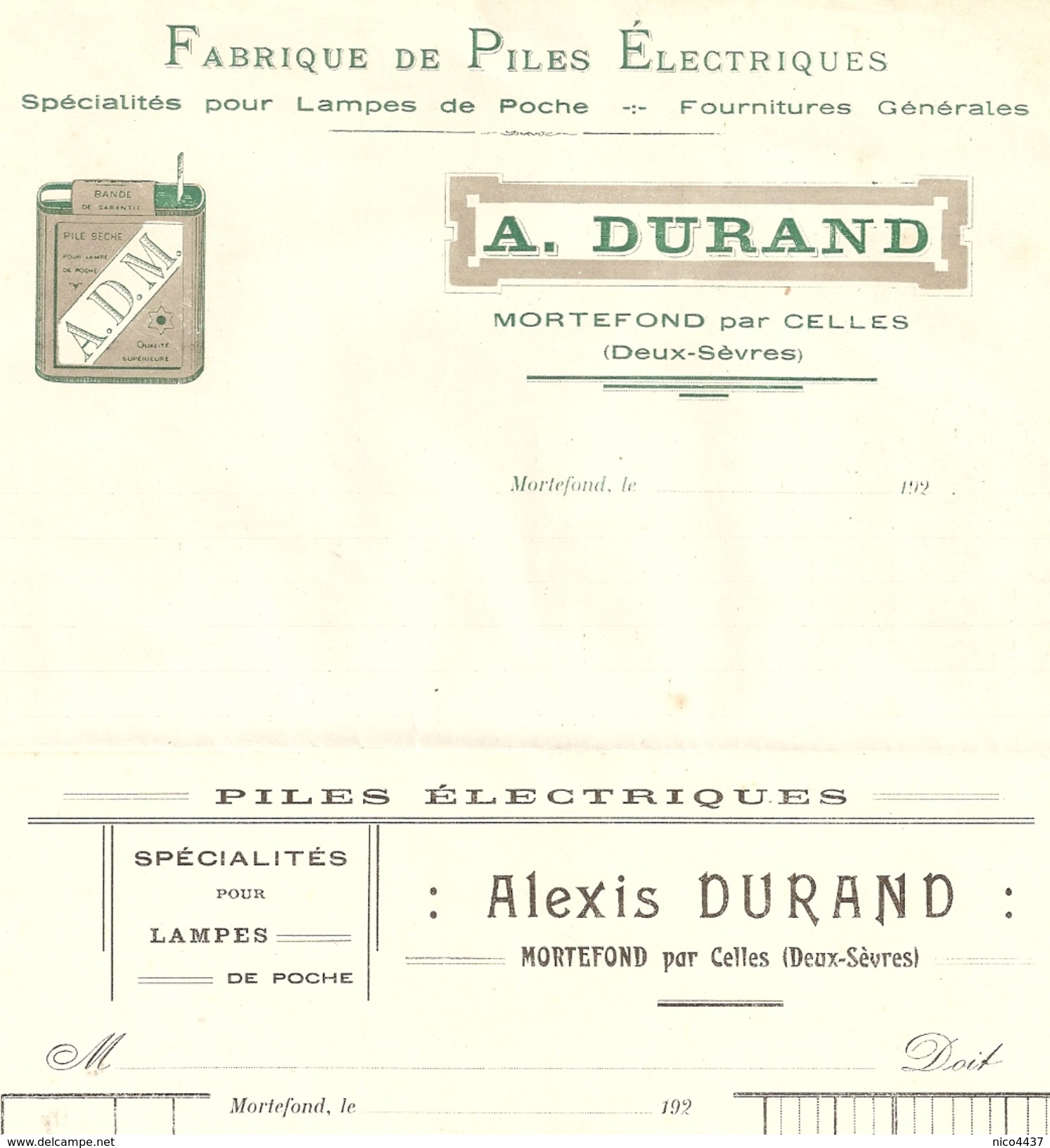 2 Factures Vierges  Alexis Durand  Fabrique De Piles Electriques  Adm Mortefond Verrines Sous Celles  Celles Années 1920 - Celles-sur-Belle