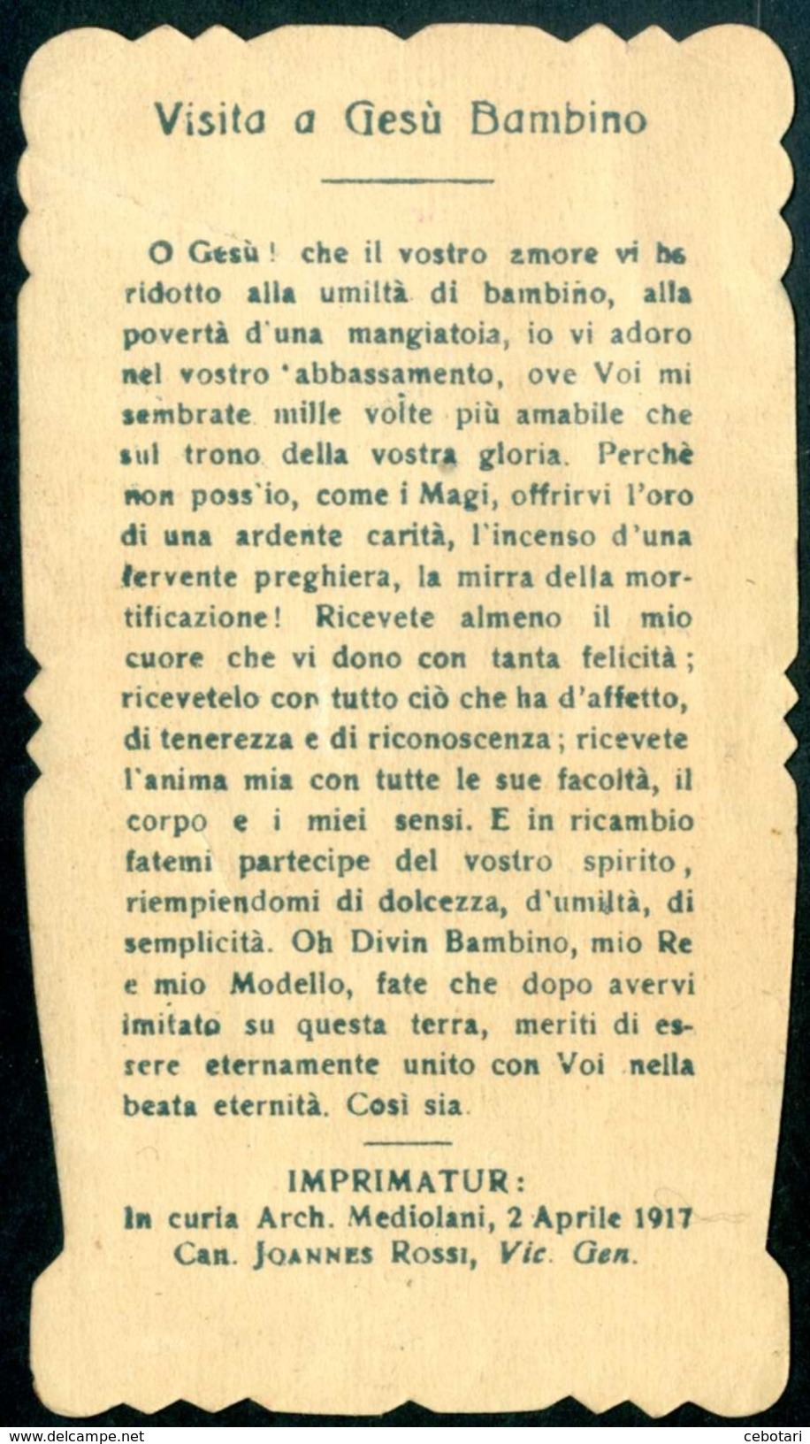 SANTINO - Gesu' Bambino - Santino Antico Con Preghiera, Anno 1917, Come Da Scansione - Images Religieuses