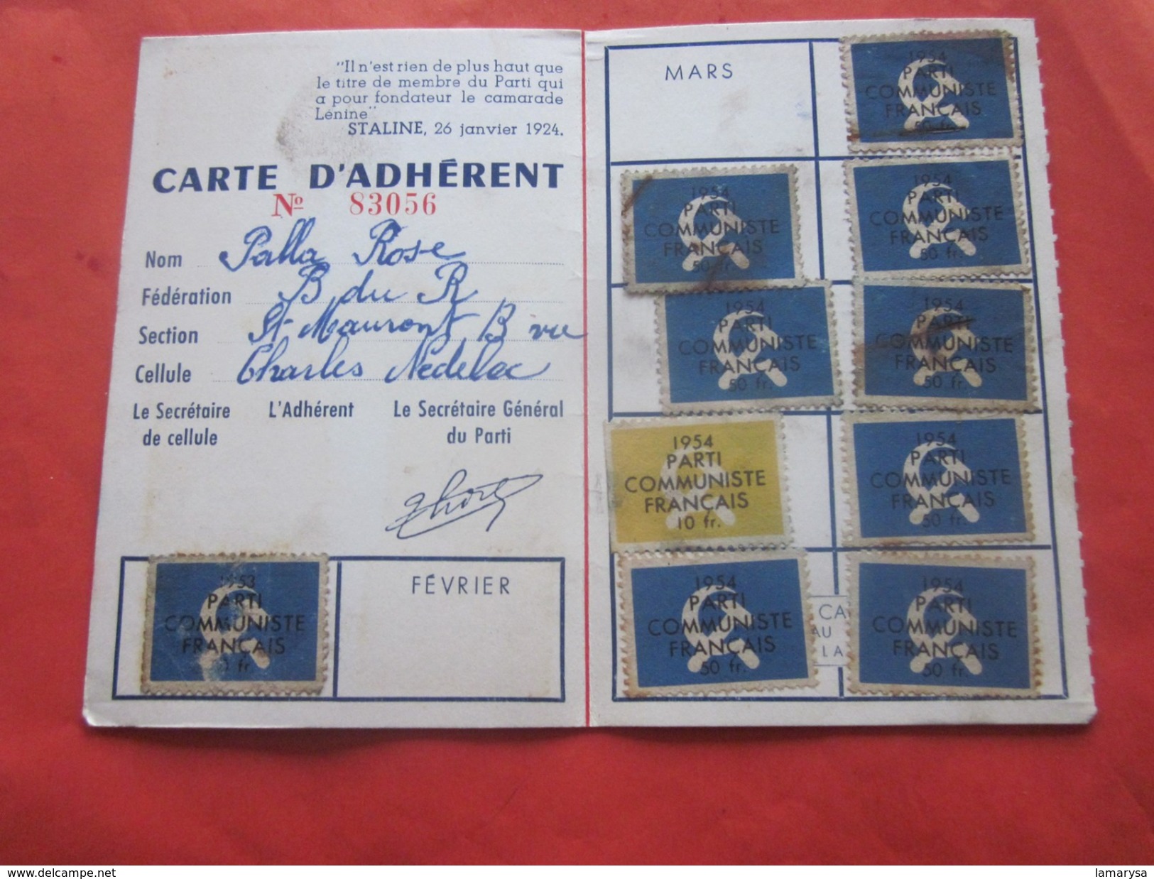 1954 CARTE ADHÉRENT DU PARTI COMMUNISTE FRANÇAIS Des BDR 13 +VIGNETTES COTISATION (1an)10 Fr X 10--Document Historique - Historische Dokumente