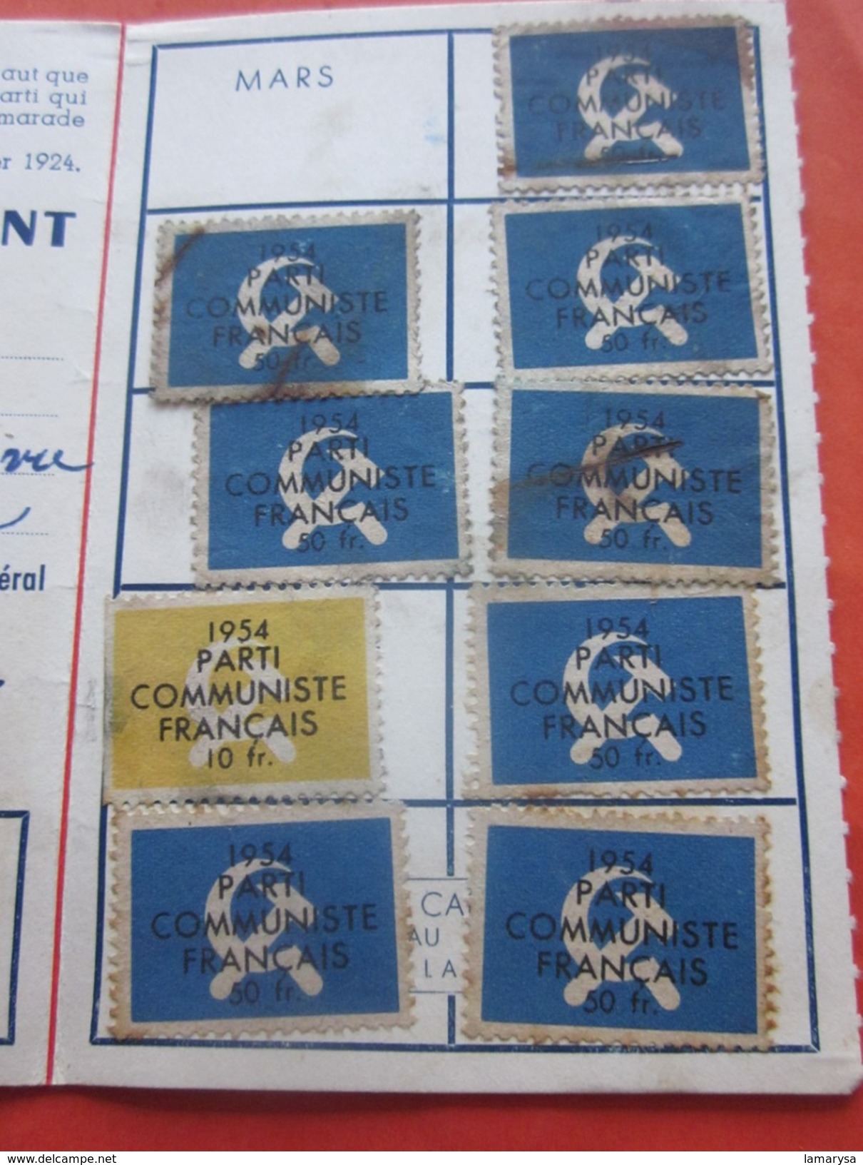 1954 CARTE ADHÉRENT DU PARTI COMMUNISTE FRANÇAIS Des BDR 13 +VIGNETTES COTISATION (1an)10 Fr X 10--Document Historique - Historische Dokumente