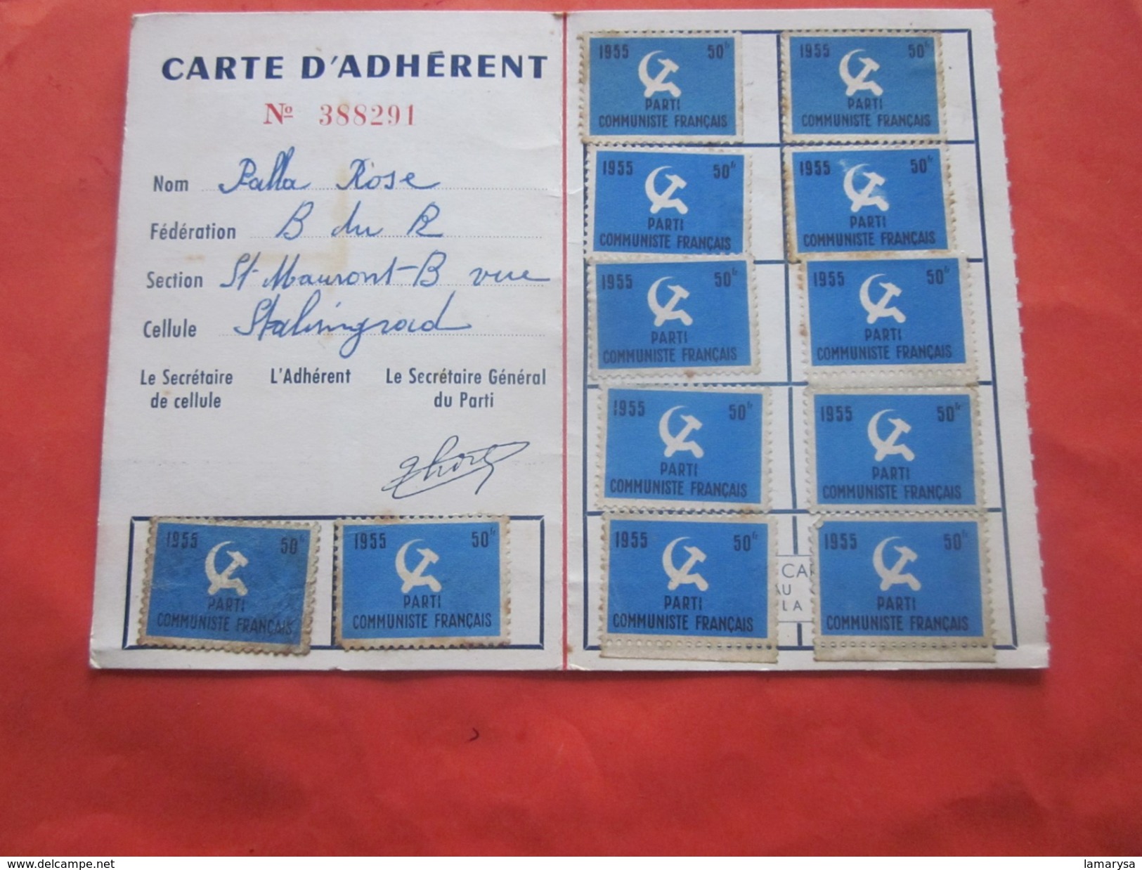 1955 CARTE ADHÉRENT DU PARTI COMMUNISTE FRANÇAIS Des BDR 13 +VIGNETTES COTISATION (1an)50 Fr X 12--Document Historique - Historical Documents