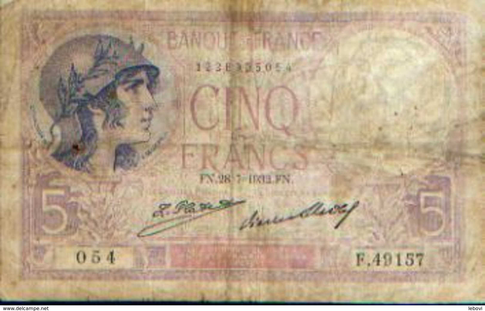 FRANCE &ndash; 5 Francs &ndash; 28=7=1932 - 5 F 1917-1940 ''Violet''