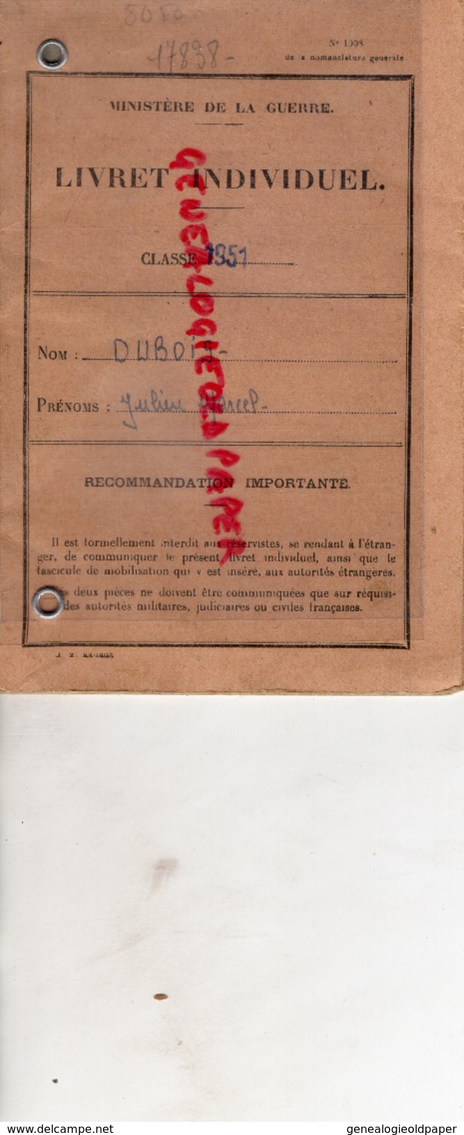 87- CHATEAUNEUF LA FORET- MILITARIA - JULIEN DUBOIS- LIVRET INDIVIDUEL GUERRE CLASSE 1951- POITIERS- - Documents Historiques