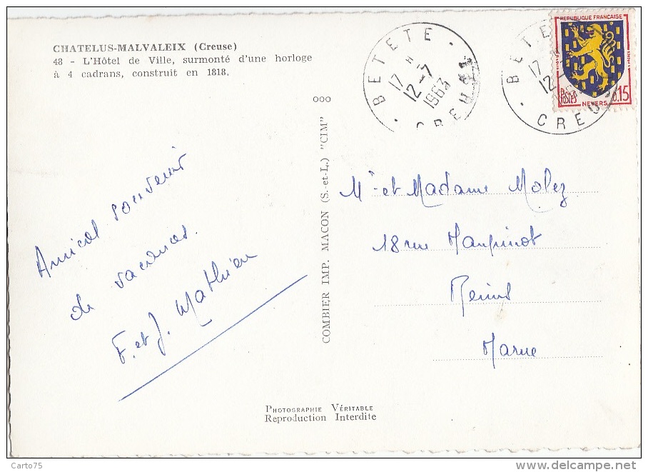 Chatelus-Malvaleix 23 - Hôtel De Ville Horloge - 1963 Cachet Postal Betete - Chatelus Malvaleix