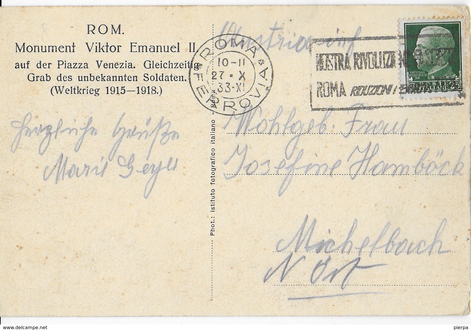 LAZIO - ROMA - VITTORIALE -B/N - ANNI '30 - VIAGGIATA 1933  EDIZ.  IST. FOTOGRAFICO ITAL. DIRETTA ESTERO - Parken & Tuinen