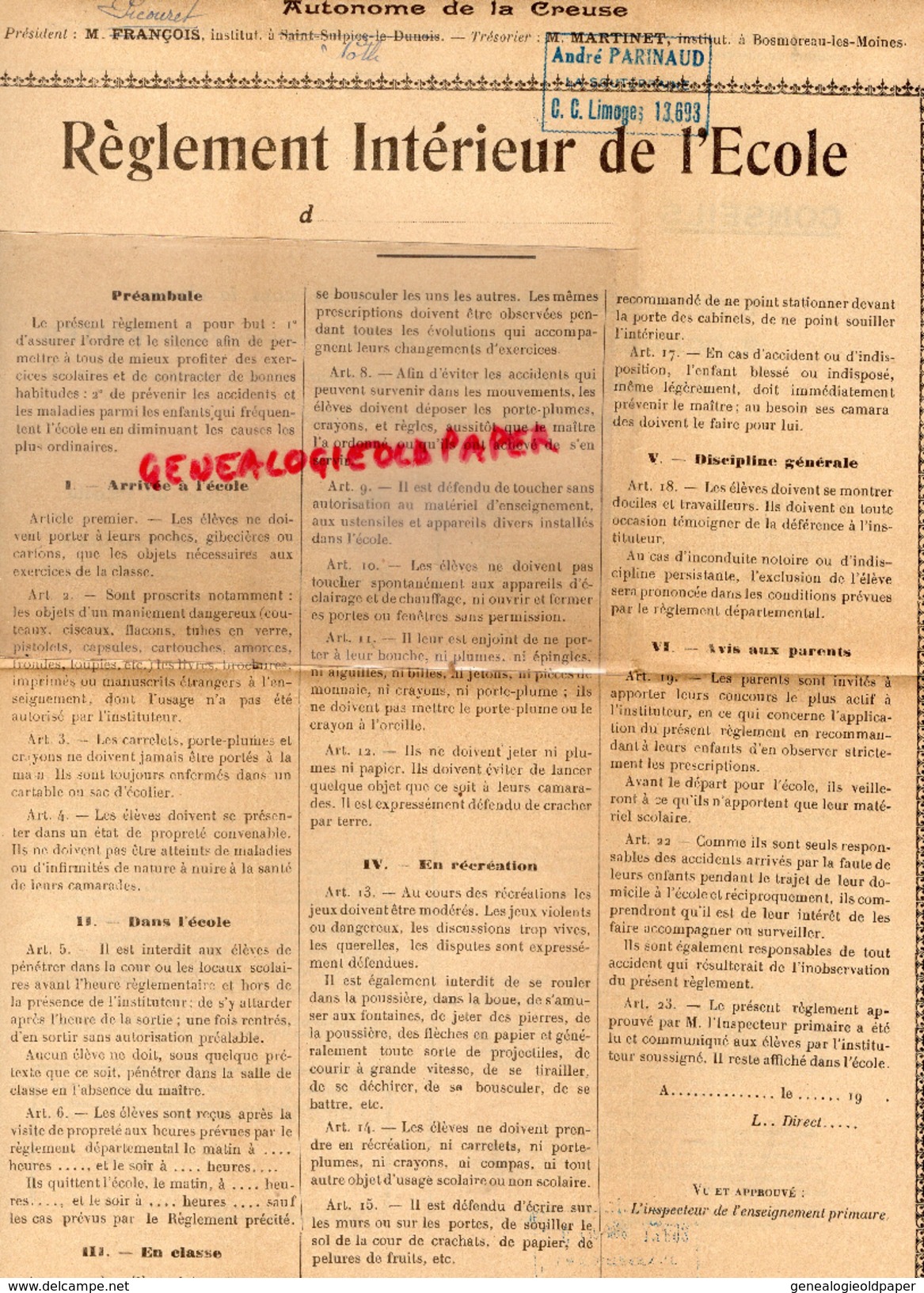 23 -ST SAINT SULPICE LE DUNOIS- NOTH-REGLEMENT INTERIEUR L' ECOLE- CREUSE- PDT. PICOURET -ANDRE PARINAUD LA SOUTERRAINE - Documents Historiques